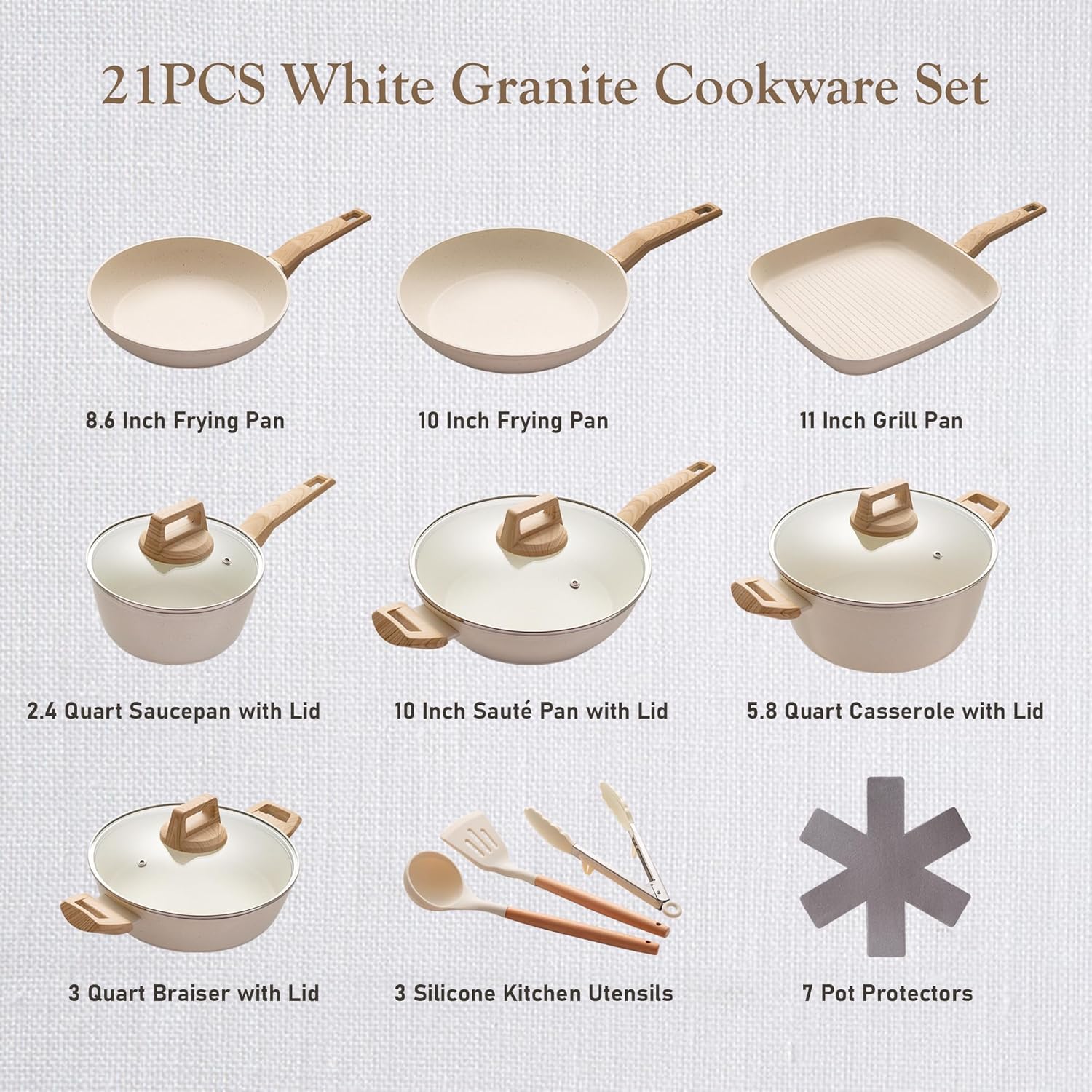 HAFMOOBEY Juego de ollas y sartenes antiadherentes, 21 piezas de utensilios de cocina de inducción de granito beige con sartenes, cacerola y ollas