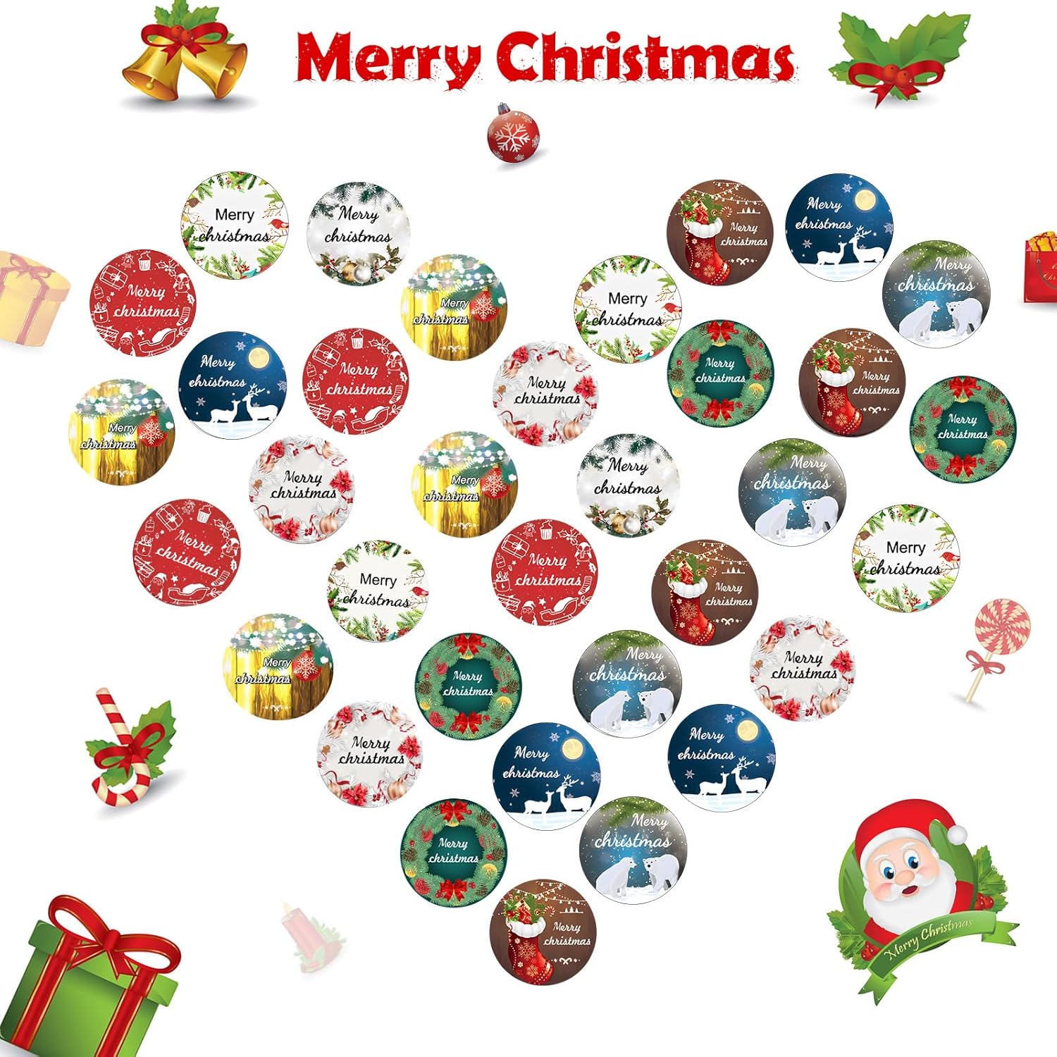 Outus 1000 calcomanías navideñas para sobres de 1.38 pulgadas, 9 diseños redondos de Feliz Navidad, sello de sobres de Navidad, calcomanías