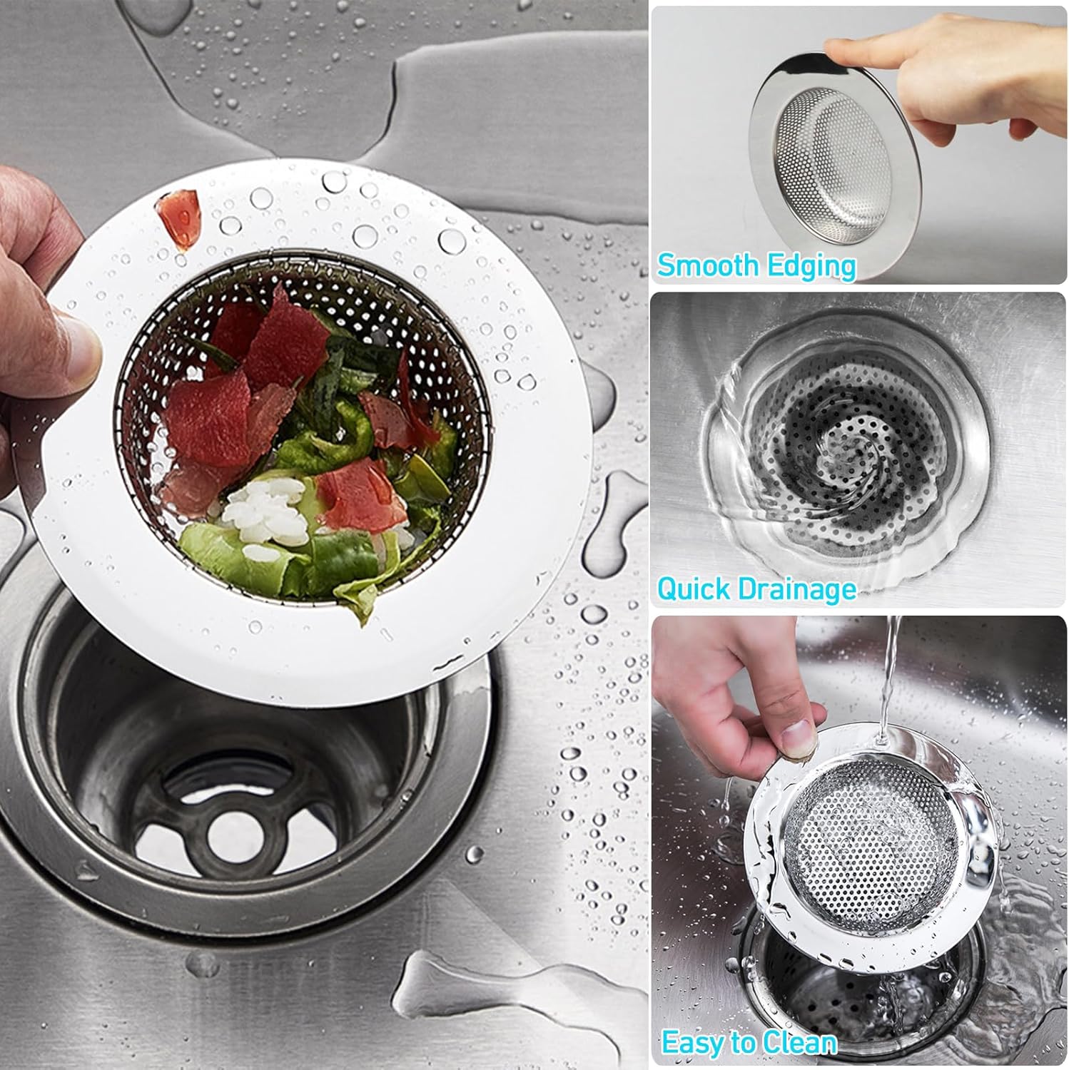 4 coladores de drenaje para fregadero de cocina, tapa de fregadero de 3.37 pulgadas + tapón de eliminación de basura de 4.4 pulgadas, coladores de