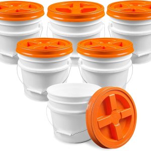 Cubo blanco de 3.5 galones con tapa de rosca gamma naranja (paquete de 6), almacenamiento de grado alimenticio, plástico HPDE premium, libre de BPA, Cubo blanco de 3.5 galones con tapa de rosca gamma naranja (paquete de 6), almacenamiento de grado alimenticio, plástico HPDE premium, libre de BPA,