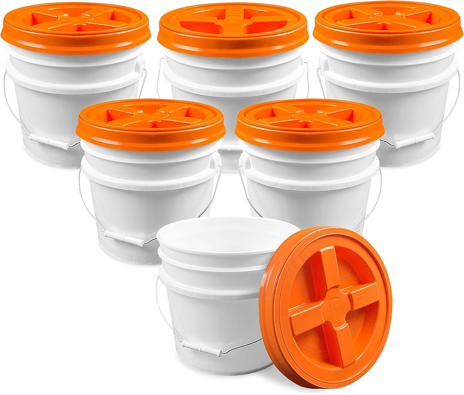 Cubo blanco de 3.5 galones con tapa de rosca gamma naranja (paquete de 6), almacenamiento de grado alimenticio, plástico HPDE premium, libre de BPA,