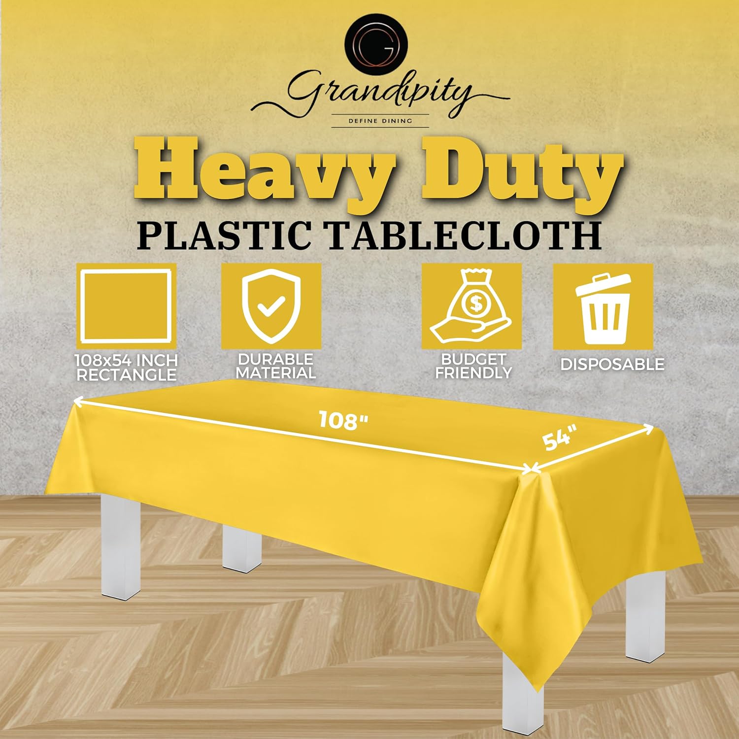 Mantel de plástico de alta calidad – 54in. x 108 pulgadas. Grandipity – Mantel rectangular (6 y 12 unidades), Amarillo