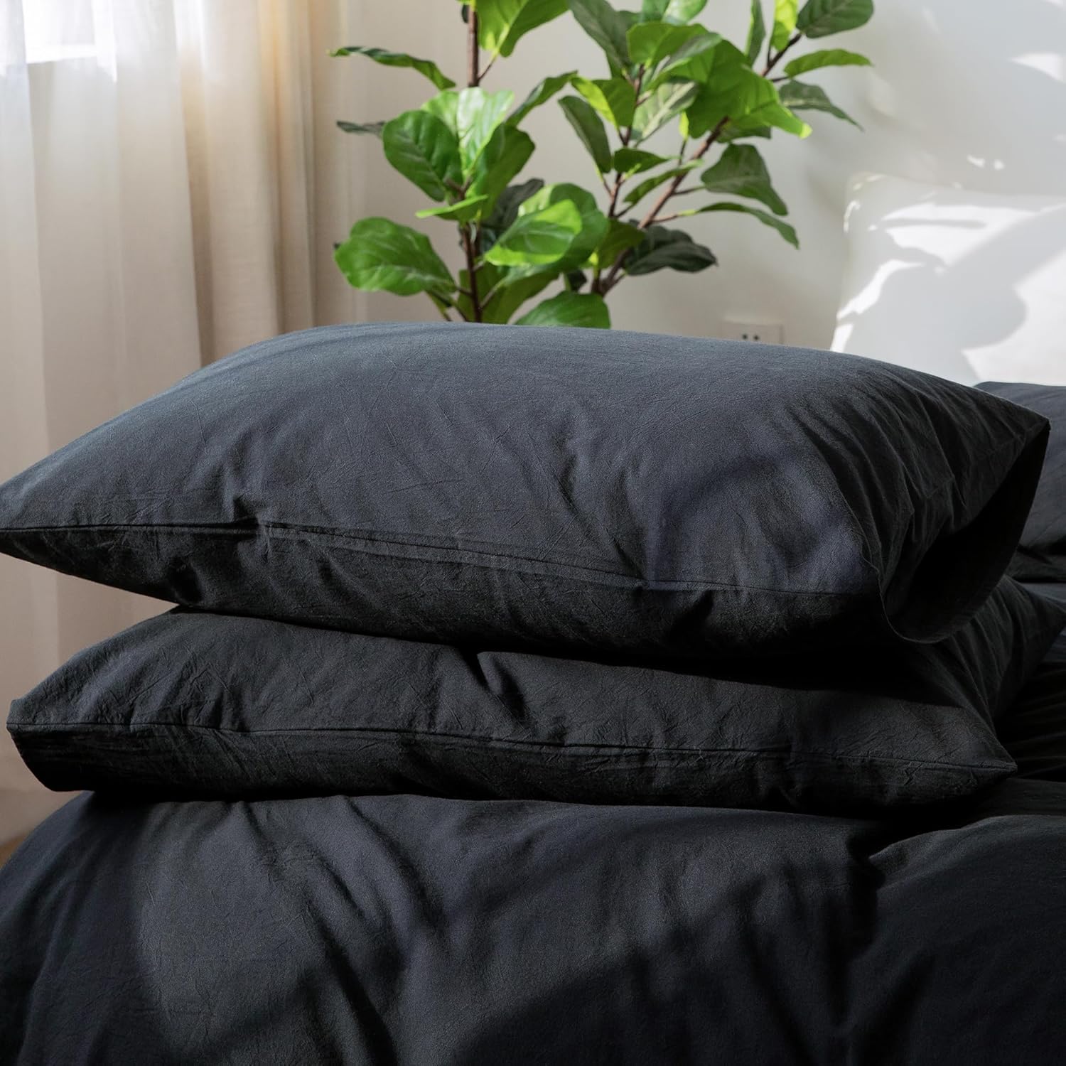 MooMee Fundas de almohada 100% algodón lavado con textura parecida al lino, transpirable, duradera, suave, cómoda (negro, estándar)