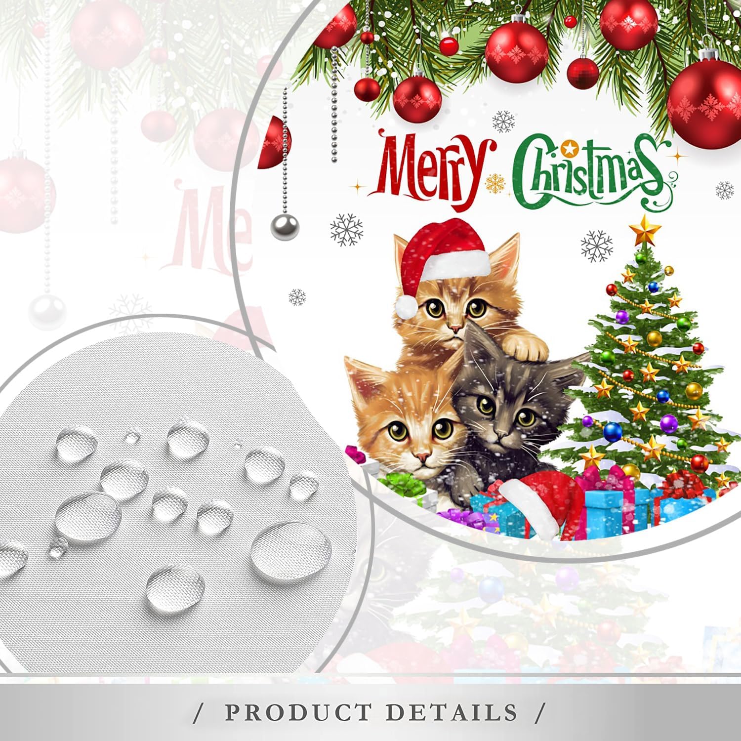 Cortina de ducha de Feliz Navidad, bola de Navidad, lindo gato, divertido árbol de Navidad, copo de nieve, Navidad, vacaciones, baño, decoración con