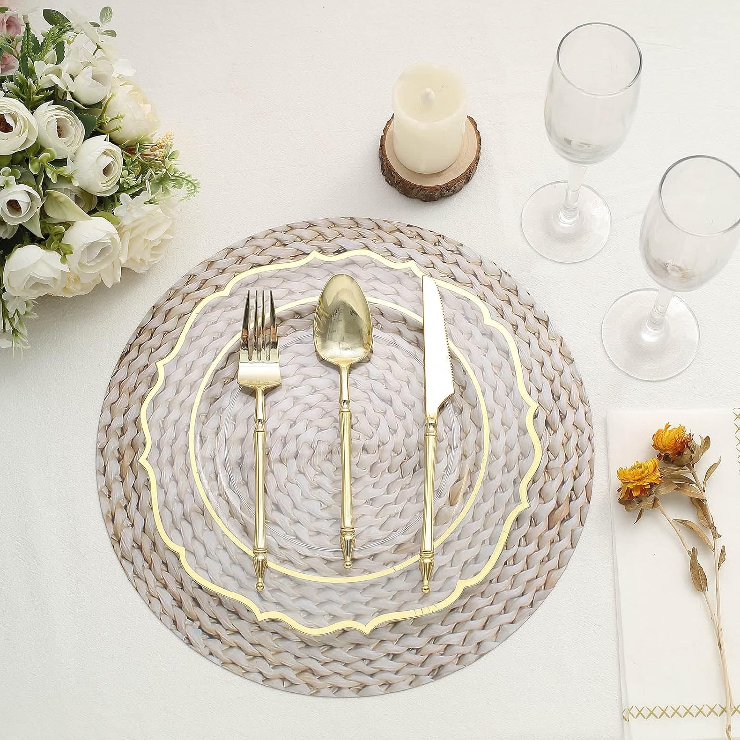 TABLECLOTHSFACTORY – Paquete de 6 bandejas desechables con diseño de ratán tejido de trigo de 13 pulgadas, platos de carga de papel redondos