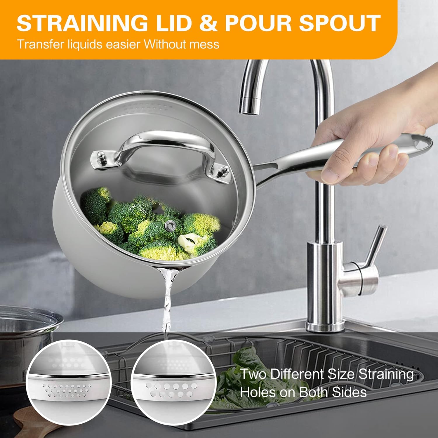 Cacerola de acero inoxidable de 3.5 cuartos de galón con tapa de colador, sartén para salsa para estufa, dos boquillas laterales para verter
