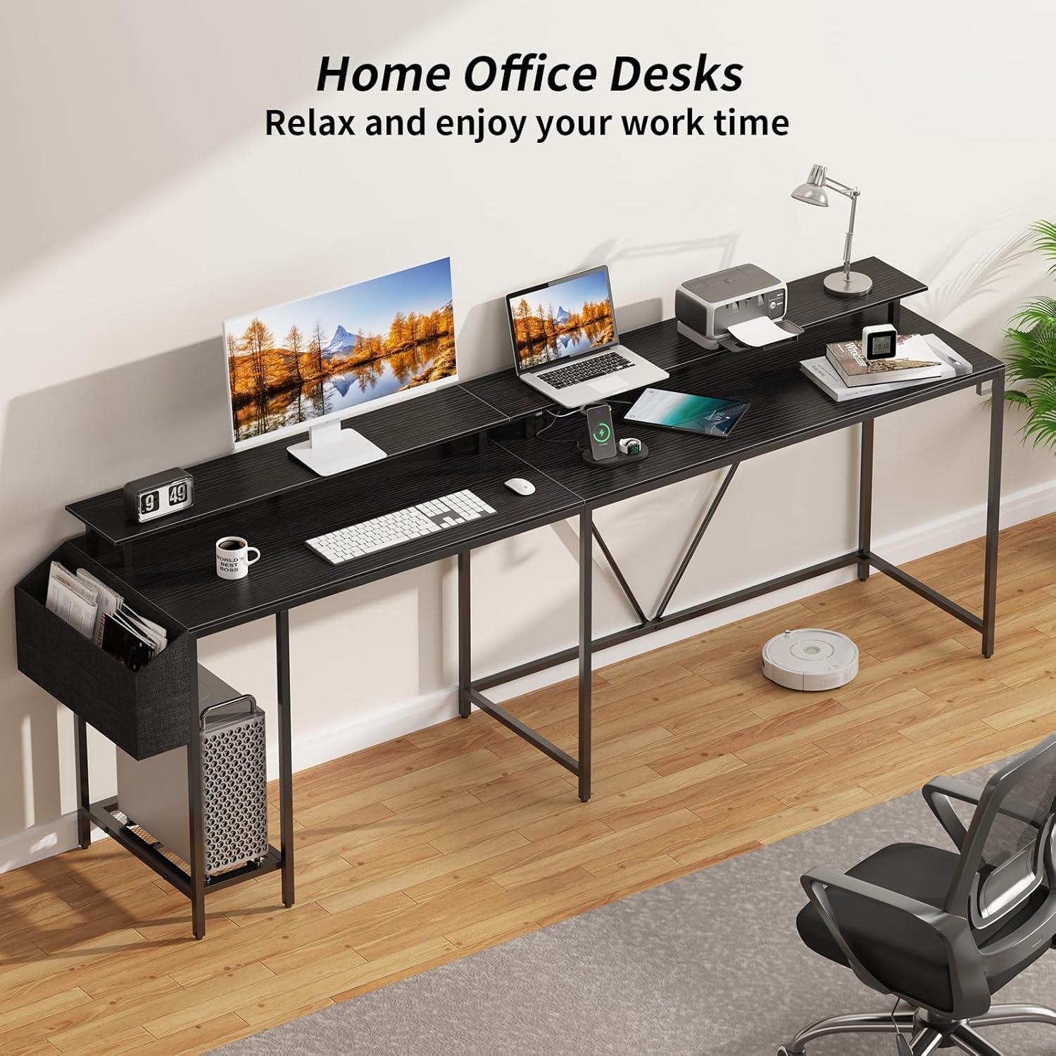 Eivanet Escritorio para juegos en forma de L con tomas de corriente y luces LED, escritorio para computadora con soporte para monitor y estante de