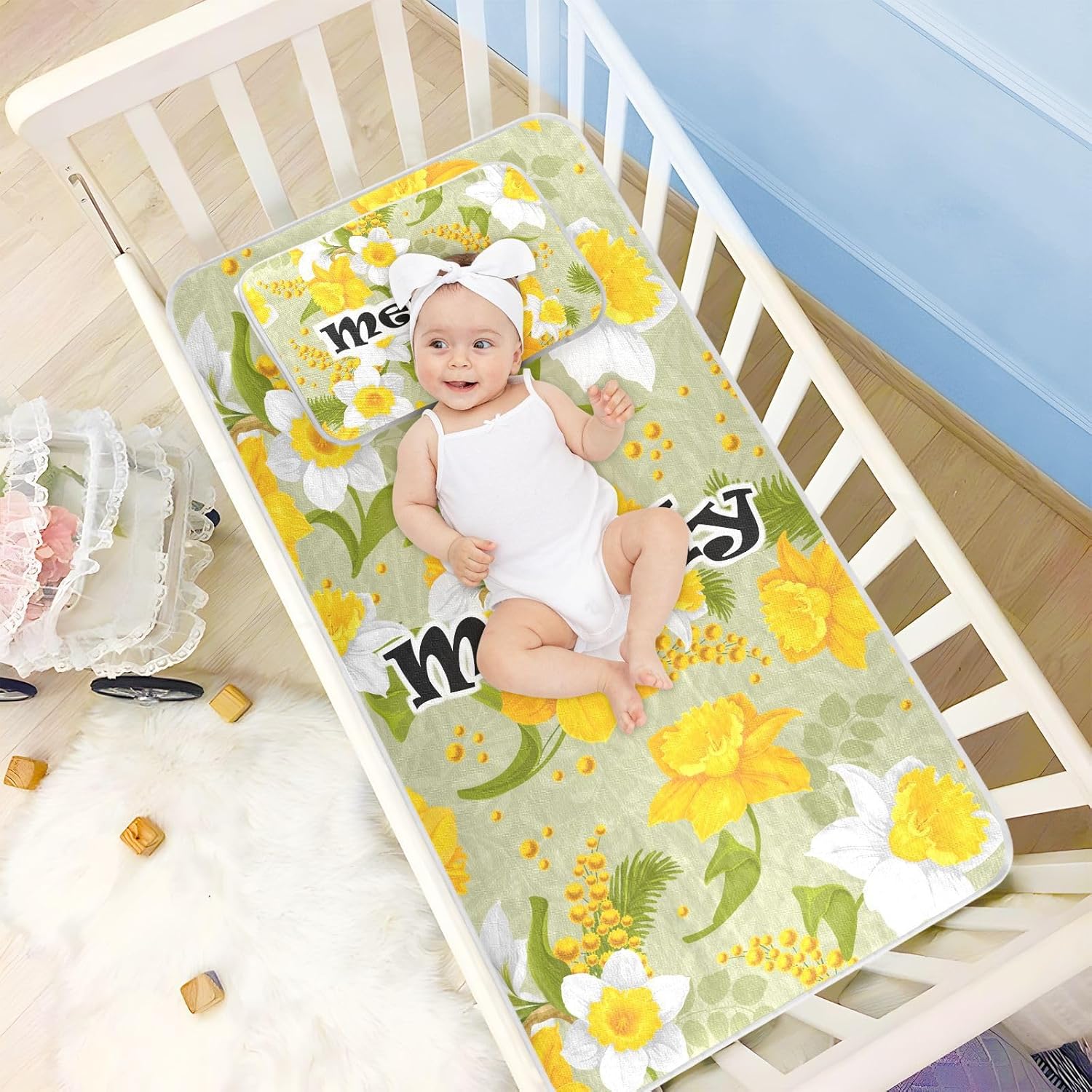 Custom Retro Flower Faffodils Leaves Crib Mattress Protector Pad for Boys Girls Baby Ice Silk Mat Bed Pack N Play Sheets Cooling Mattress Topper