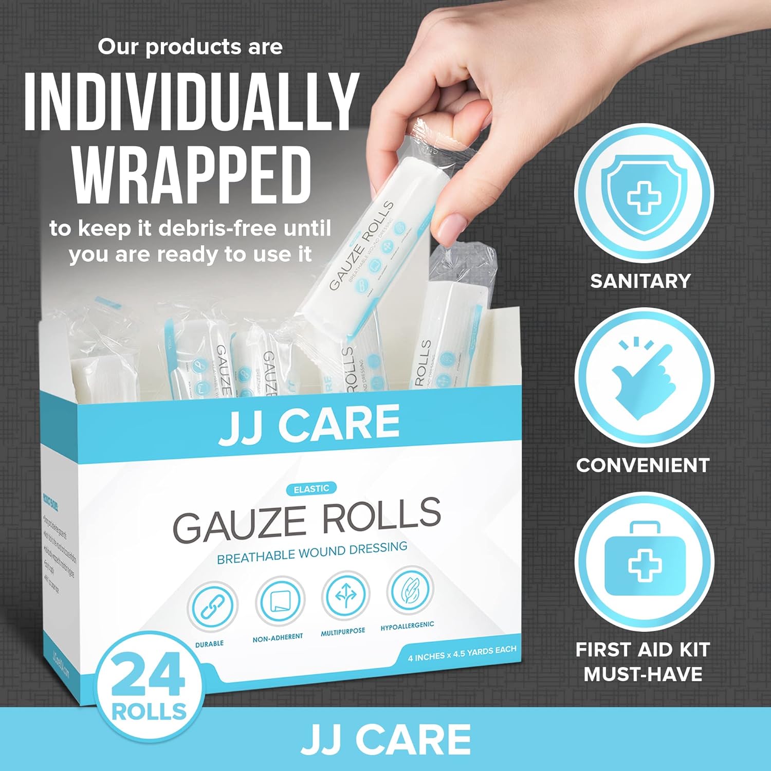 JJ CARE Paquete de 24 rollos de gasa envueltos individualmente, con cinta médica adicional, 4 pulgadas x 4.1 yardas, rollos de gasa enrollada, sin