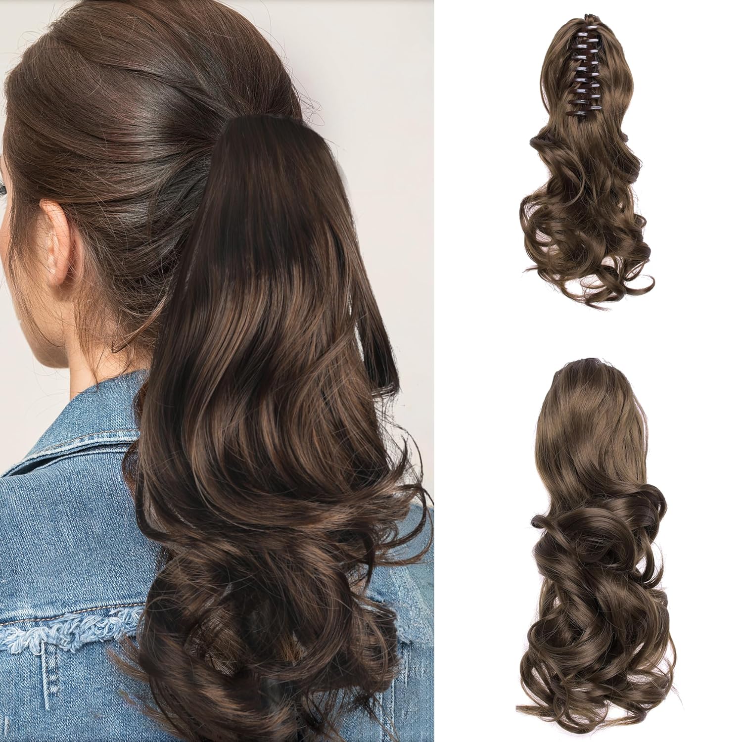 Extensión de cabello ondulado con clip de garra, de 13 pulgadas, con clip en moño desordenado, suave, natural, sintético, postizo falso para mujeres