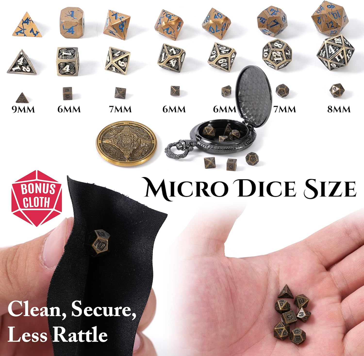 Juego de dados DND de micrometal MiniChrono’s Tiny, Mini Dice in a Dragon-Grabado Pocket Watch Case  Accesorio portátil de Calabozos y Dragones