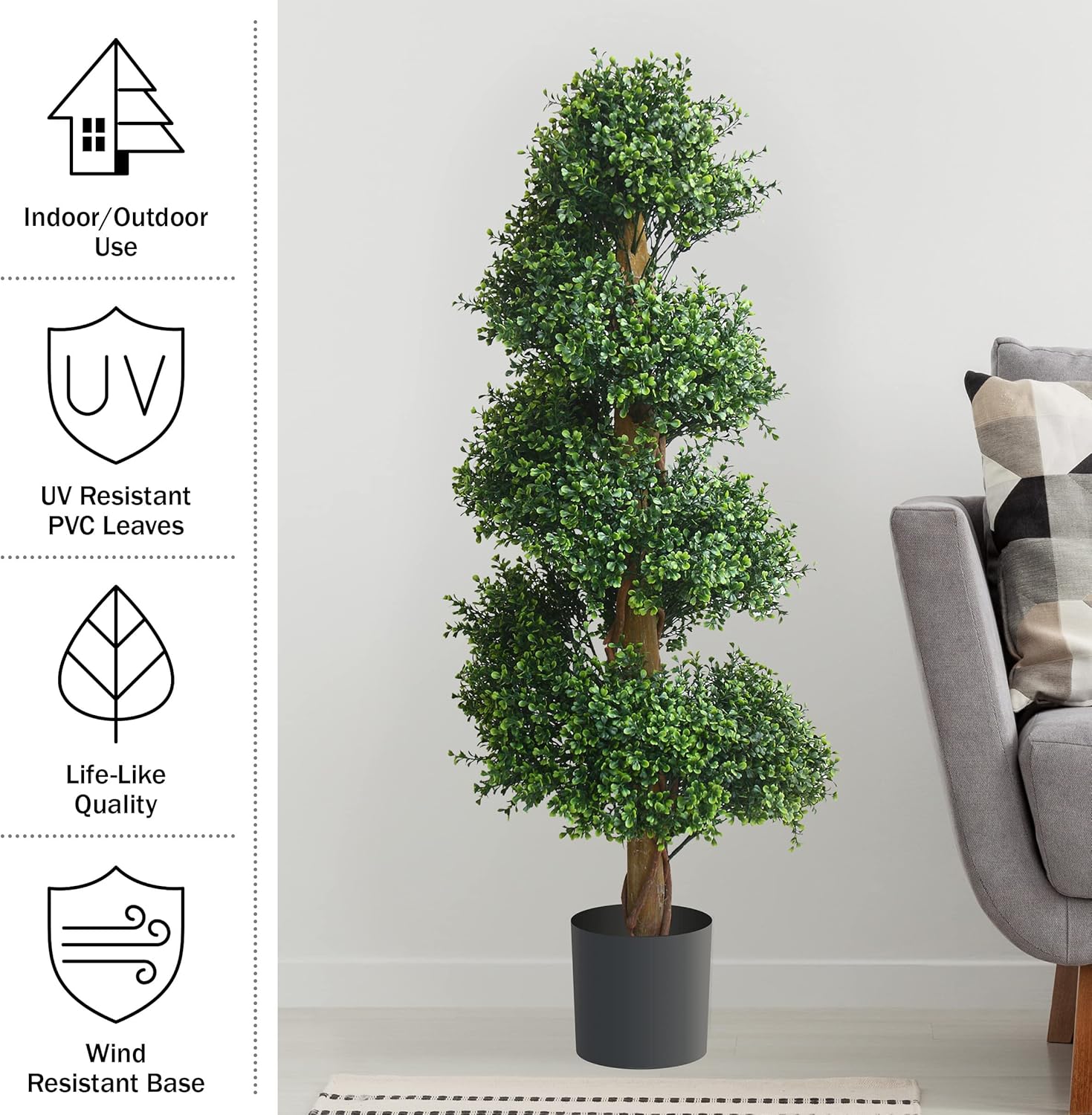 Pure Garden Árbol en espiral artificial de 48 pulgadas, boj en maceta, decoración de interiores o exteriores, plantas sintéticas para el hogar,
