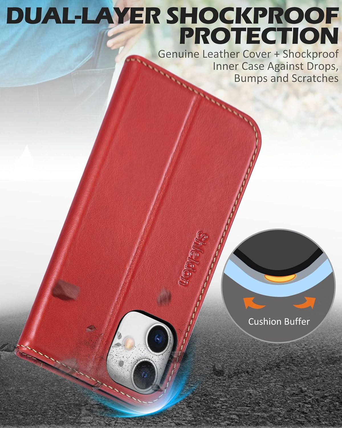 SHIELDON Funda tipo cartera para iPhone 12 Pro de 6.1 pulgadas, piel auténtica para iPhone 12, función atril y bloqueo RFID, ranuras para tarjetas