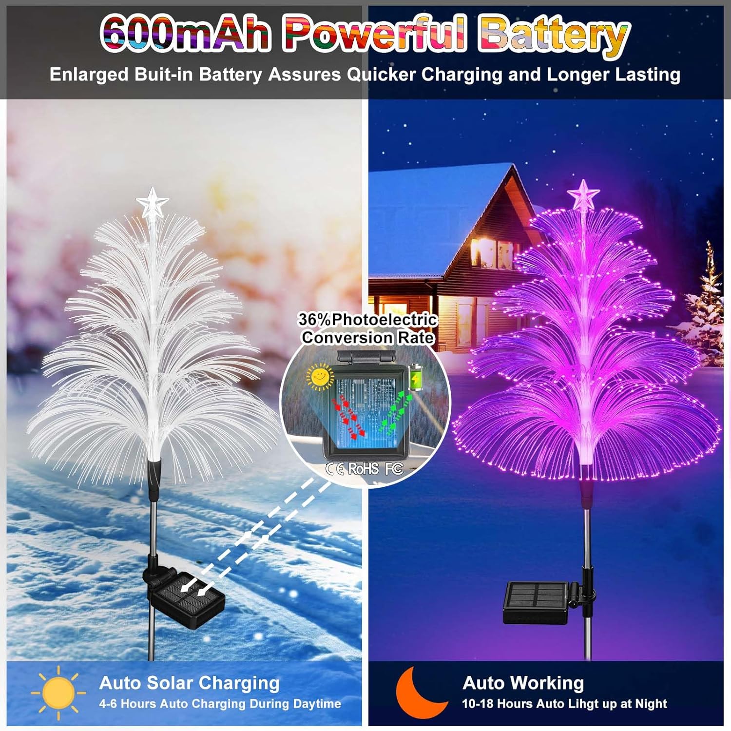 cltowany Luces solares de Navidad para árboles, luces solares impermeables para árbol de Navidad, medusas, 5 capas, fibra óptica, 7 colores
