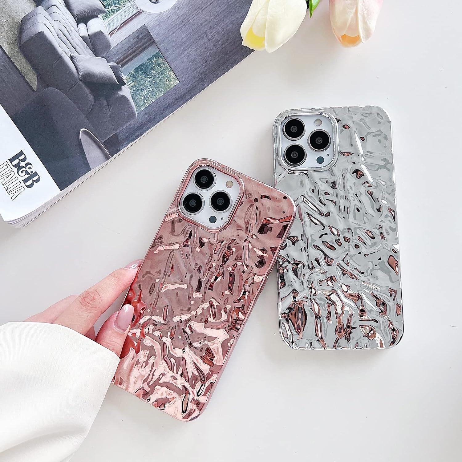 Funda compatible con iPhone 15 Pro Max, diseño de lujo, diseño de lámina, plisada, para mujer, de silicona brillante, con purpurina, funda