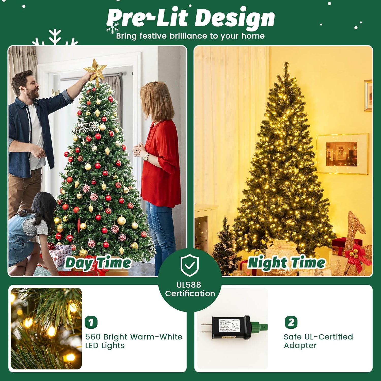 Goplus Árbol de Navidad artificial preiluminado de 6 pies, árbol de Navidad con bisagras con 821 puntas de rama, 560 luces LED blancas cálidas,