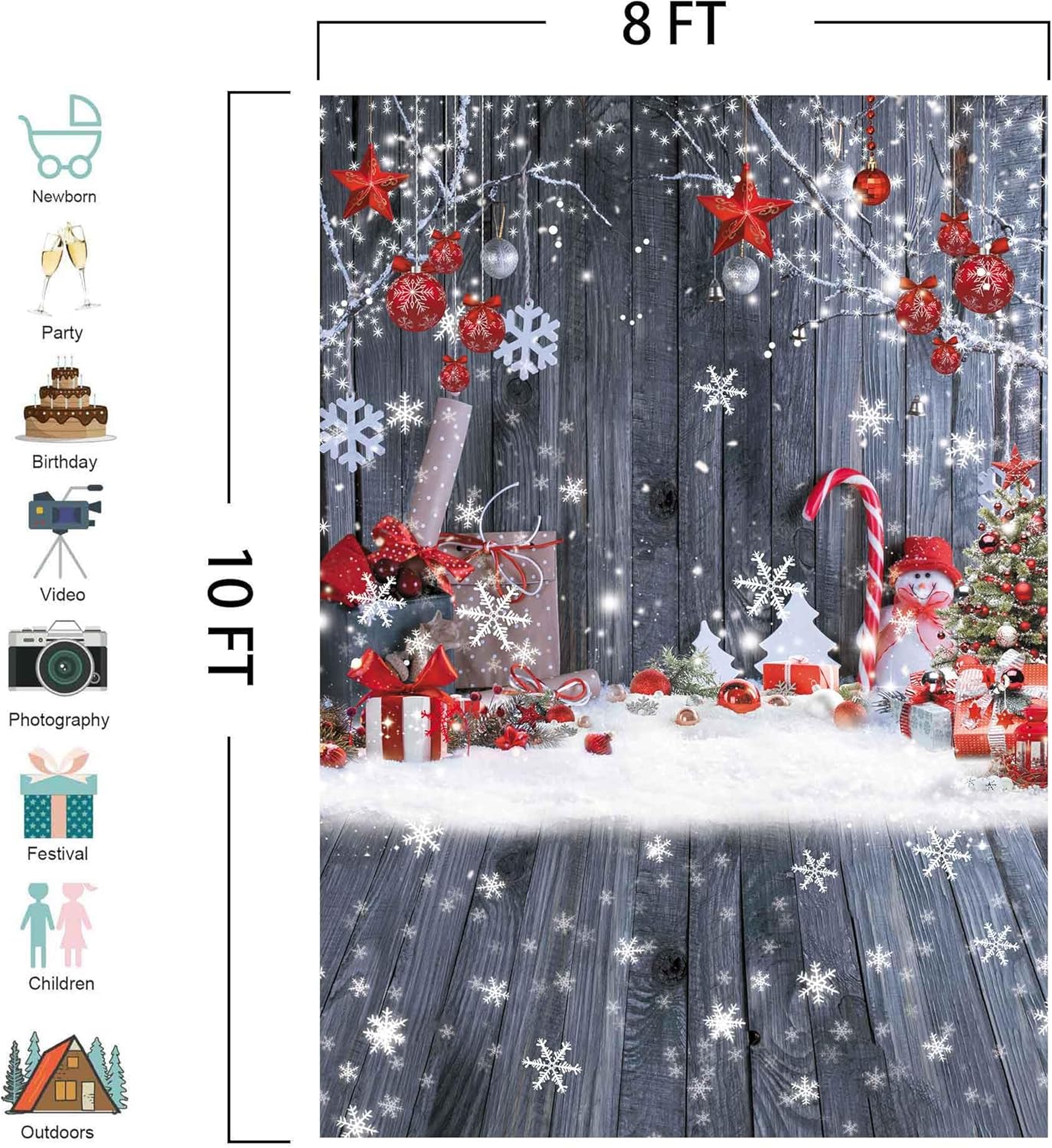 Cartel de fotografía de pared de madera de Navidad de 8 x 10 pies, telón de fondo, copo de nieve, árbol de Navidad, fondo de piso de madera,