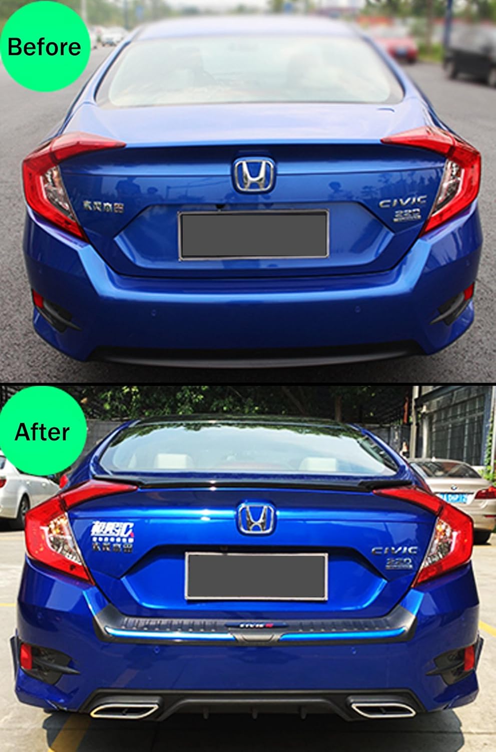 Difusor de parachoques trasero de aleta de tiburón negro con punta de escape decorativa compatible con Honda Civic 4 puertas Sedan 2016-2018