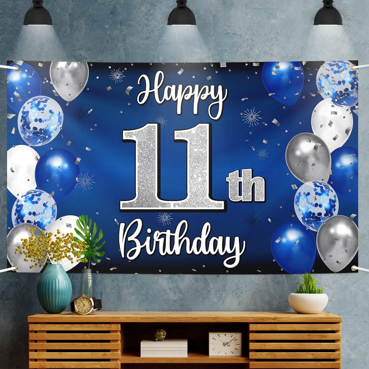 Decoraciones de feliz cumpleaños número 11, globo azul y plateado grande cartel de fondo de cumpleaños, suministros de fiesta de cumpleaños de
