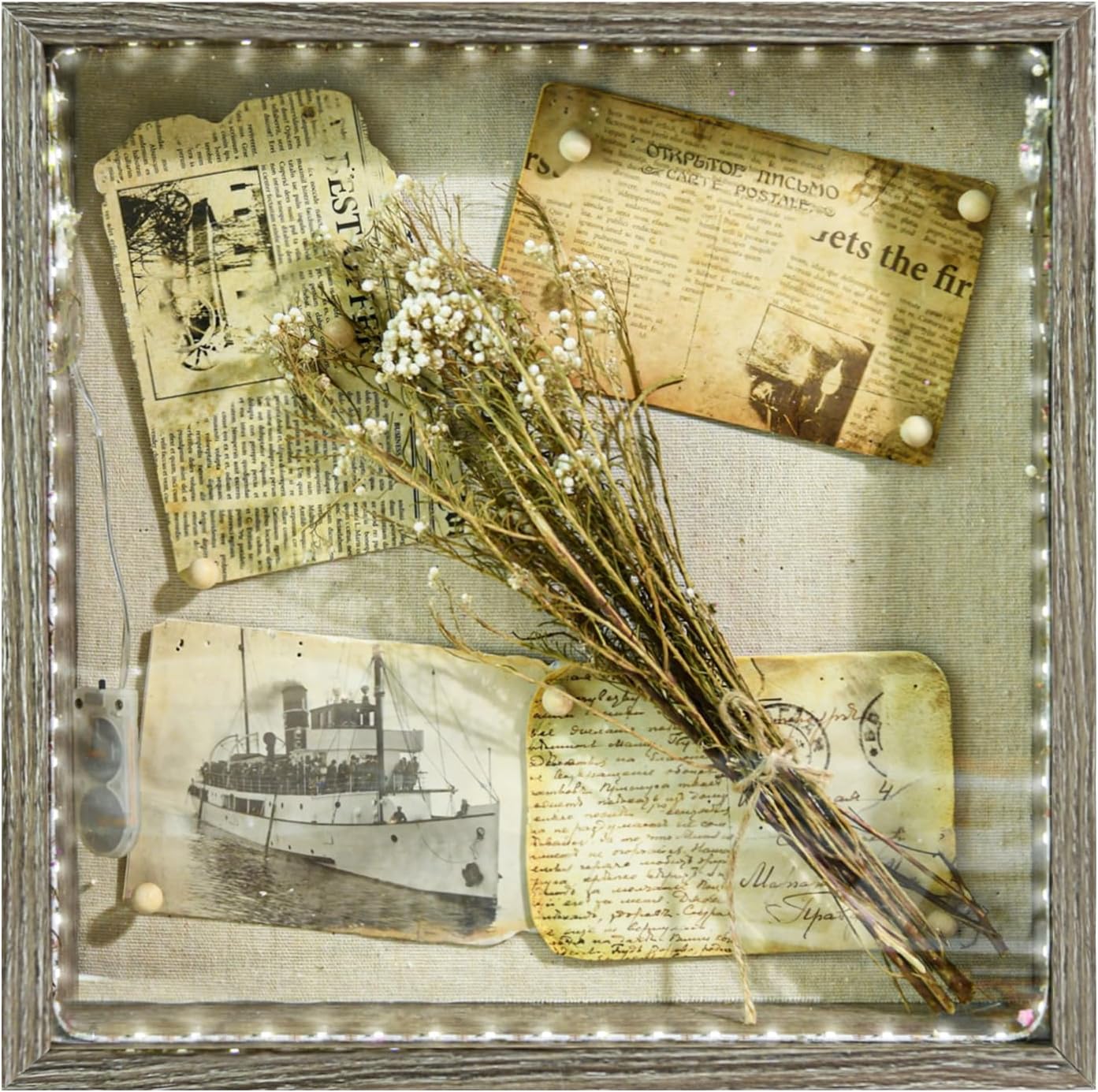 Caja de sombra profunda con vitrina colgante de luz, caja de memoria de madera, marco de fotos, caja de recuerdos para pared y mesa, boletos de