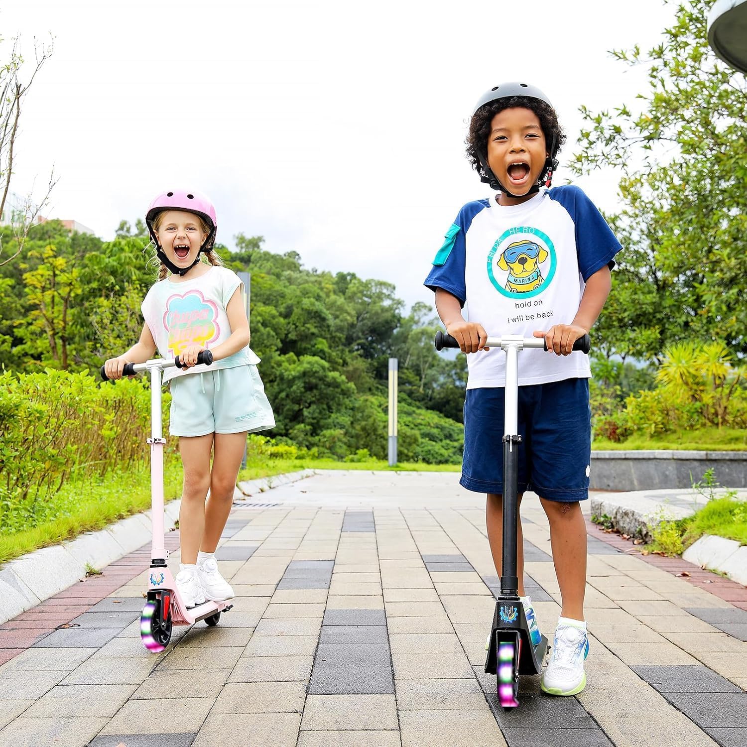 Caroma Scooter eléctrico para niños de 6 a 14 años, motor de 150 W, 10 mph, 80 minutos de tiempo de conducción, velocidad y altura ajustables, luces