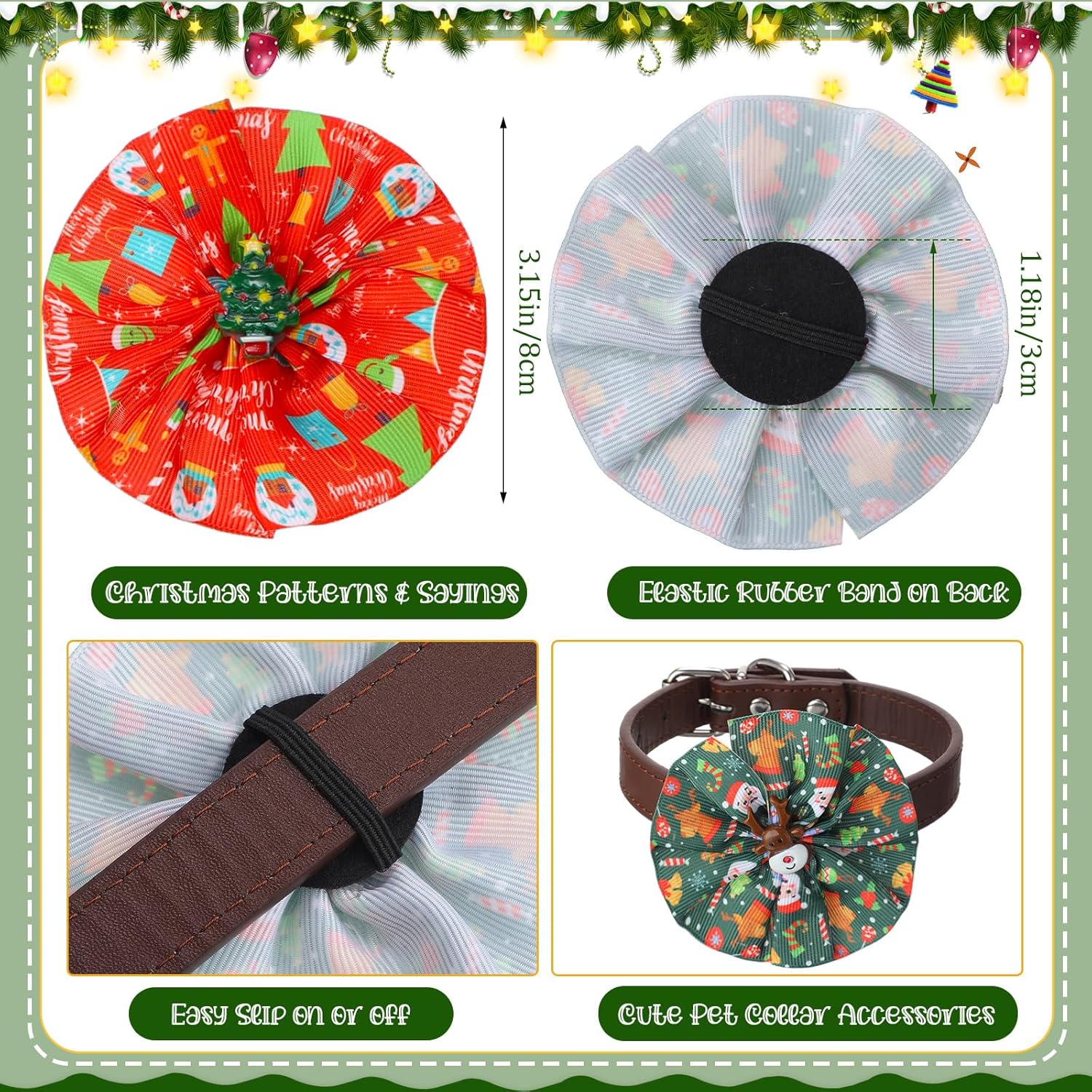 60 piezas de collar de Navidad para perro, flores, collar de flores de invierno para mascotas, pajaritas, accesorios para perros, suministros de