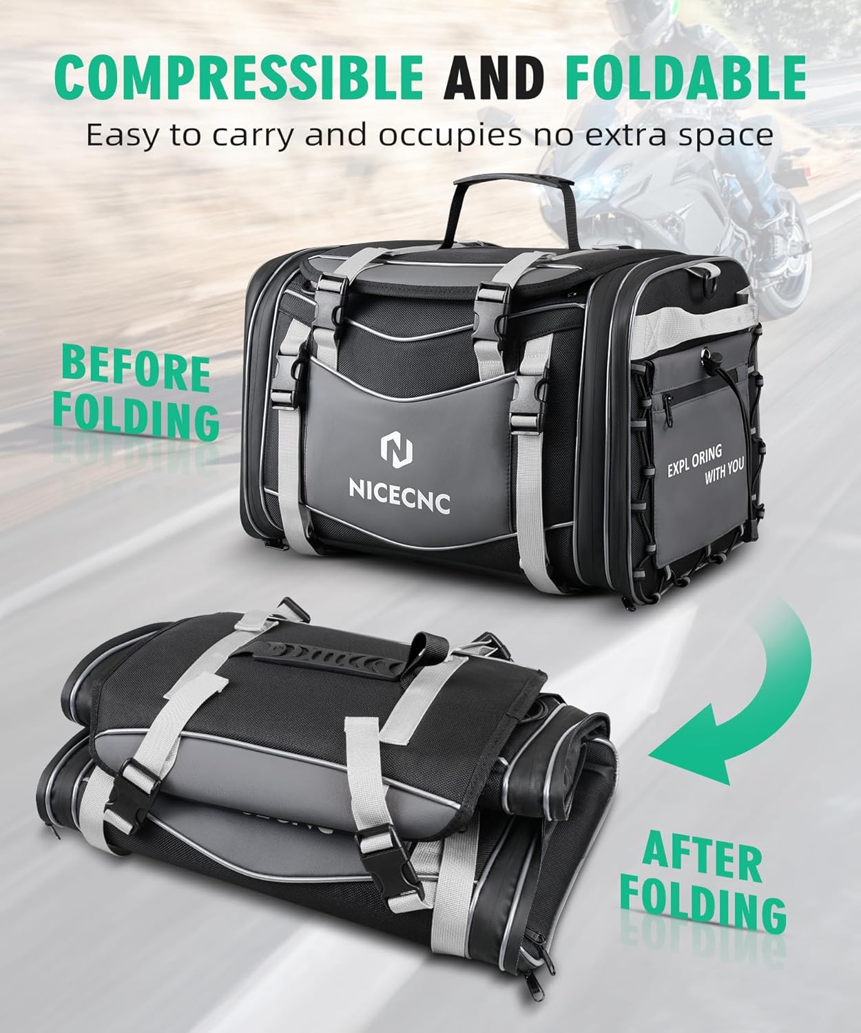 NICECNC Bolsa de equipaje para motocicleta, bolsa expandible para asiento trasero de motocicleta, bolsa universal de almacenamiento para casco de