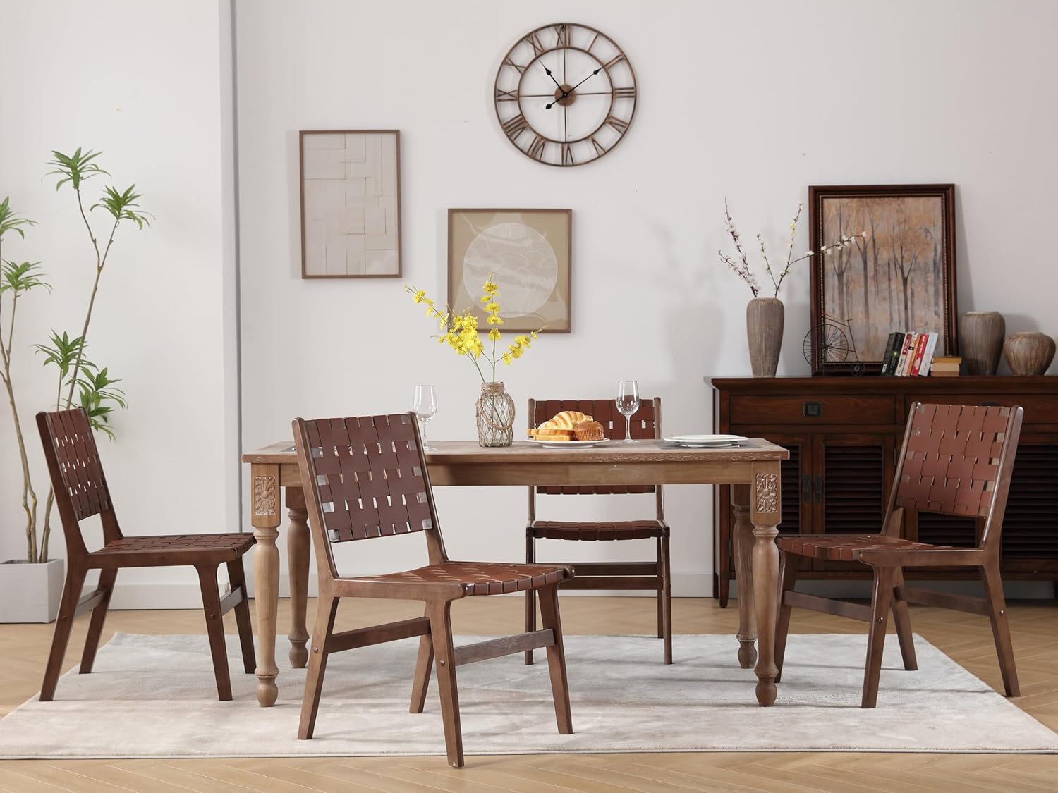 ABET Juego de 2 sillas de comedor de cuero marrón para cocina, sillas de comedor sin brazos de cuero sintético tejido de granja, silla moderna