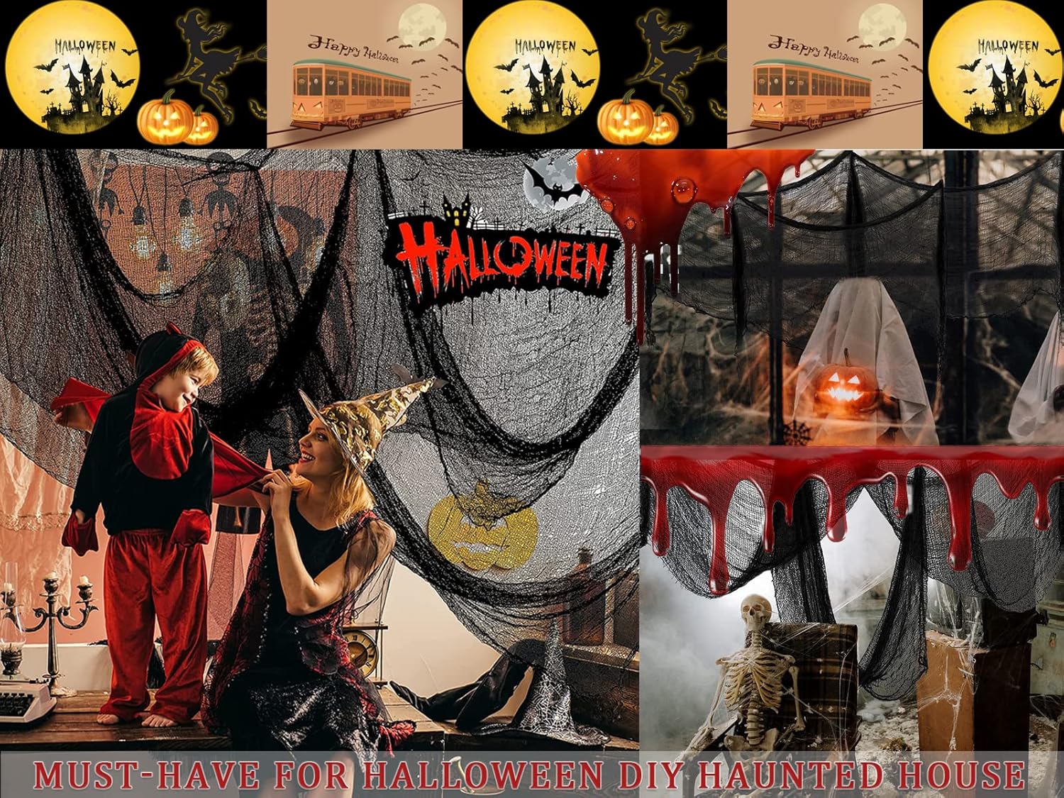 2 piezas de 78 x 100 pulgadas y 1 pieza de tela espeluznante negra de 78 x 200 pulgadas. Decoraciones de Halloween espeluznantes colgantes para