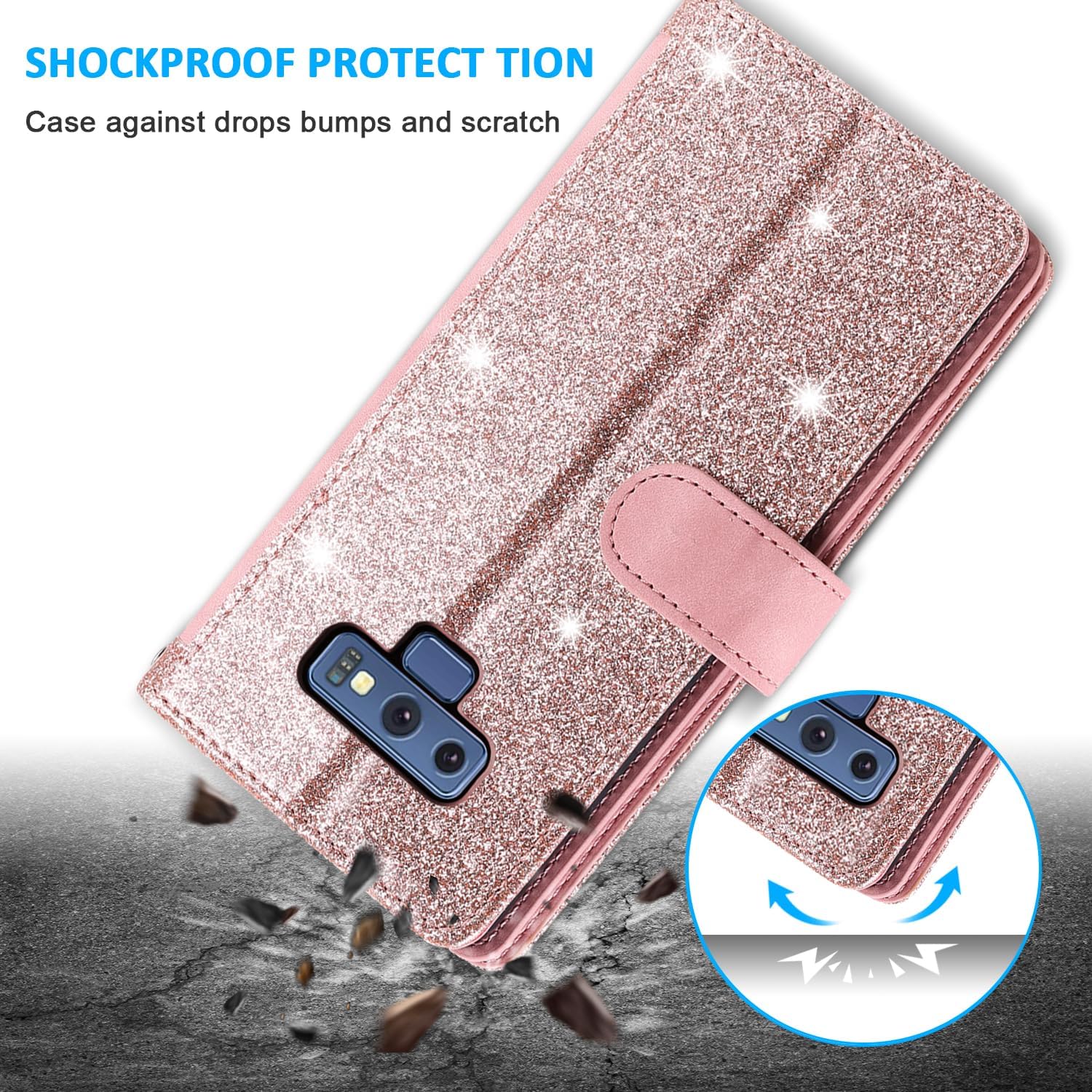 Furiet Compatible con Samsung Galaxy Note 9 – Funda tipo cartera para correa de muñeca con correa de muñeca, soporte para tarjetas de piel