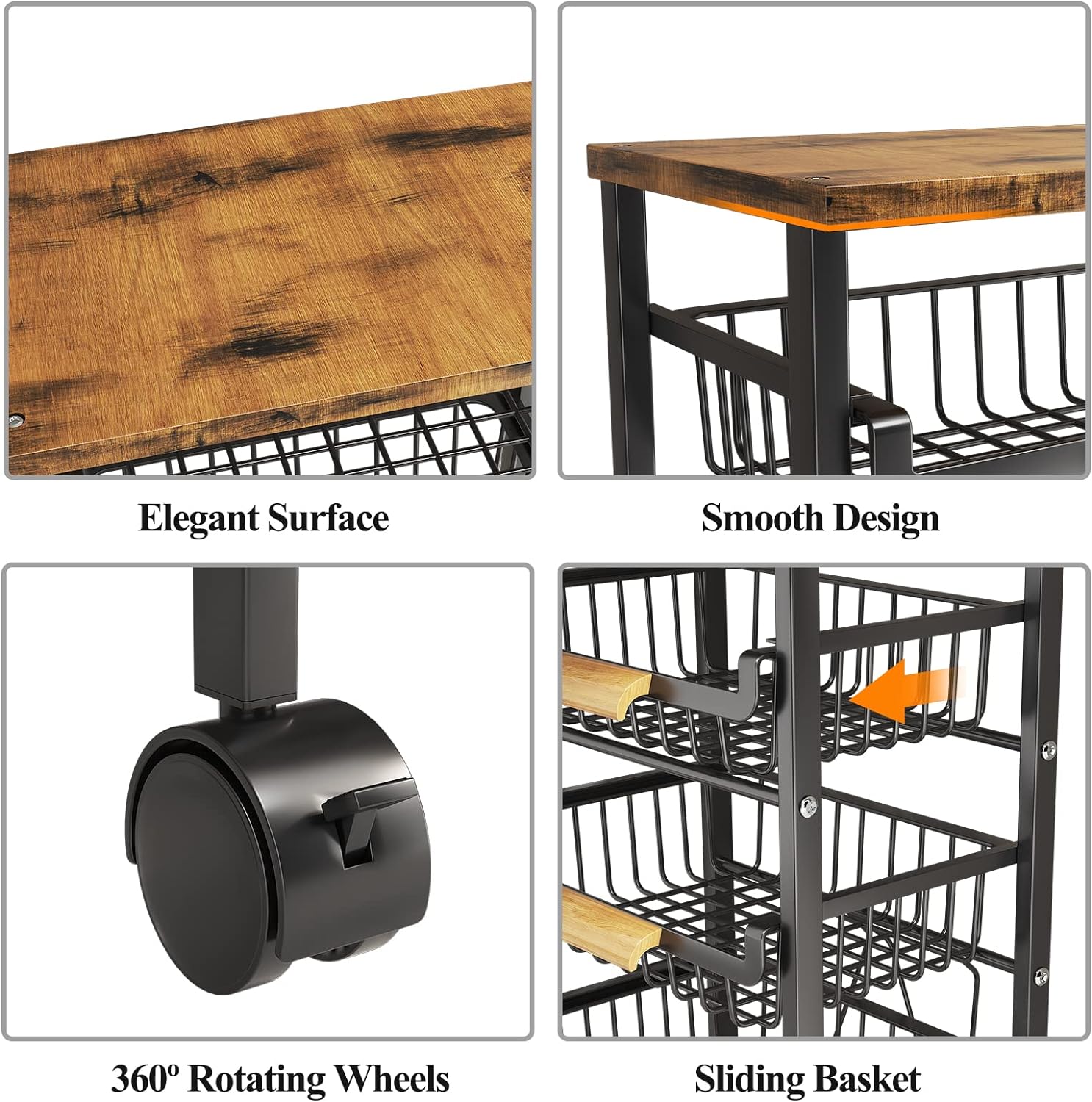 Wisdom Star Cesta de frutas de 4 niveles para cocina, carrito de almacenamiento de verduras con mesa de madera, cesta de verduras para cebollas y
