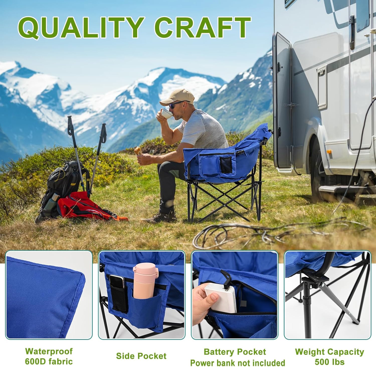 Slsy Silla de campamento con calefacción de gran tamaño que calienta el respaldo y el asiento, silla de campamento portátil con 3 niveles de calor,