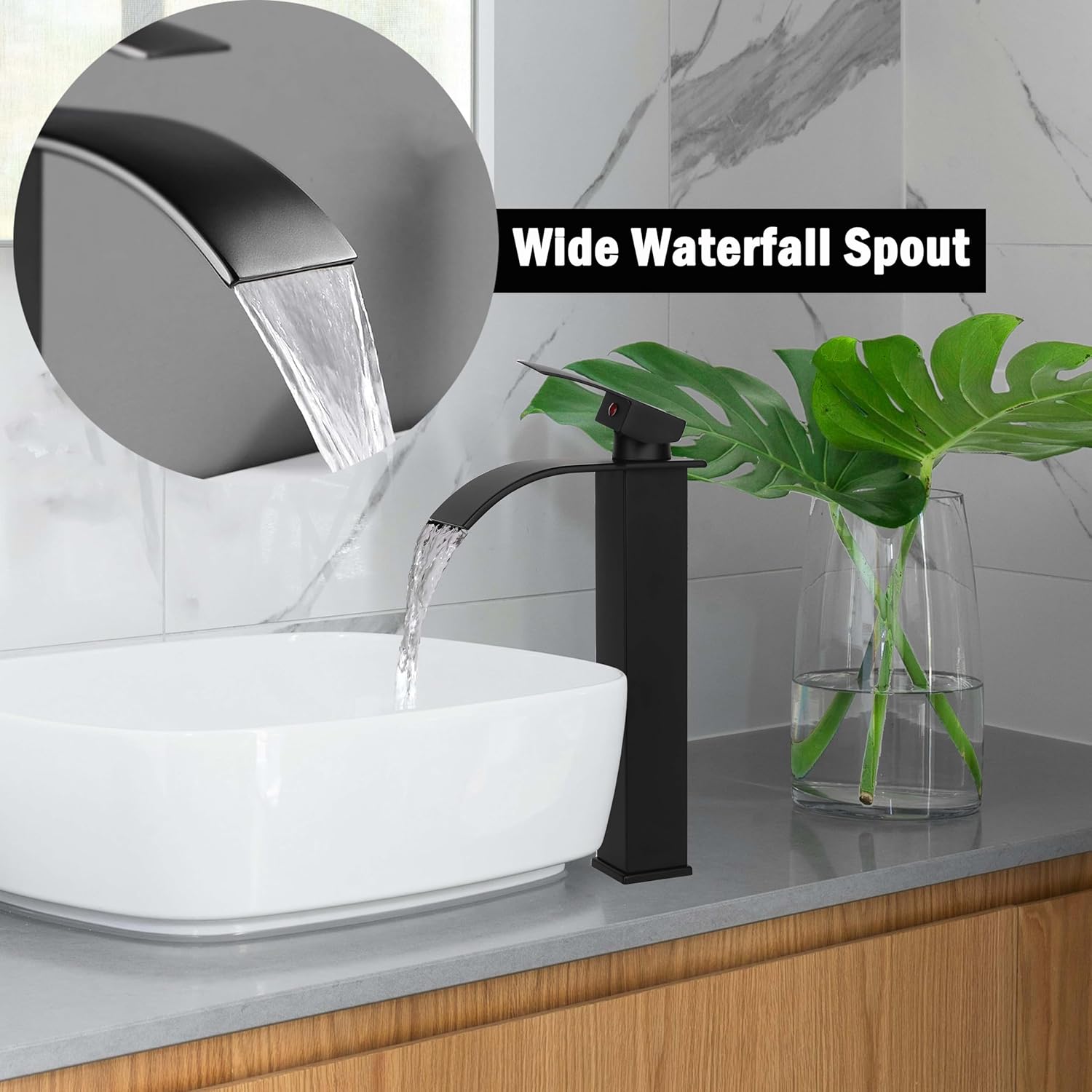 Grifos de baño, grifo de lavabo de cascada, para fregadero de baño, 1 agujero, negro mate, grifo de tocador alto con drenaje combinado de montaje en