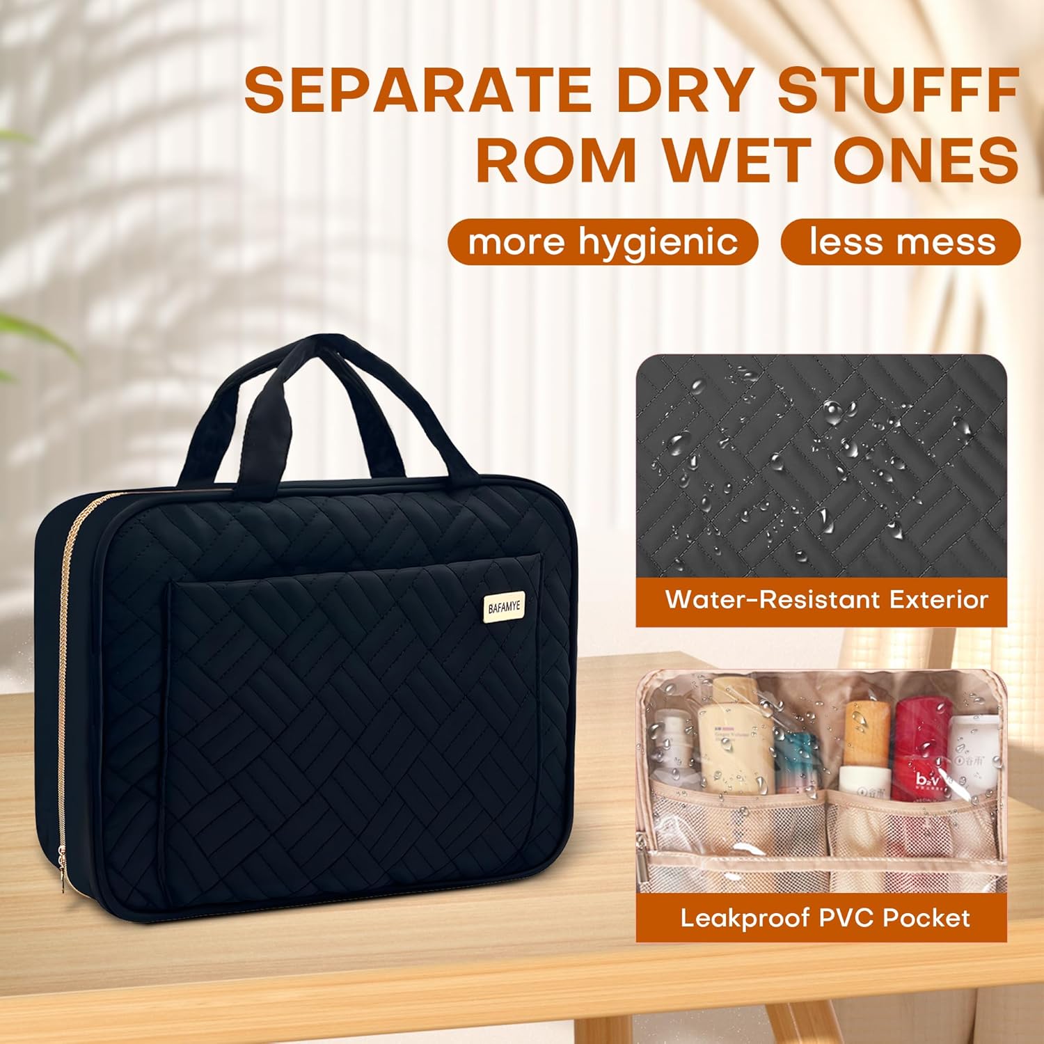 Neceser de viaje para mujer, resistente al agua, bolsa de cosméticos para maquillaje, contenedor de tamaño completo con gancho para colgar para