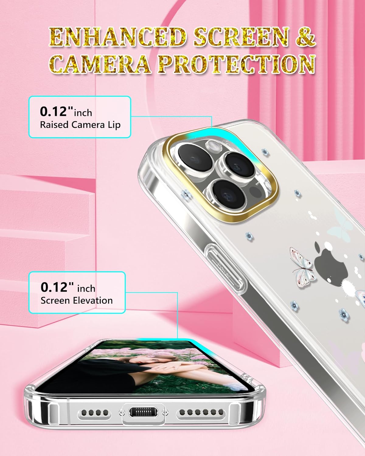 JAHOLAN Funda transparente para iPhone 15 Pro Max, diseño de flores de mariposa, protección a prueba de golpes, delgada, de poliuretano