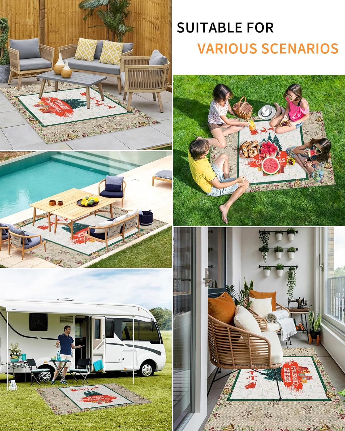 Outdoor Rug Carpet Waterproof 4×6 ft Area Rug, Merry Christmas Large Floor Mat for Patio Balcony Living Room Backyard Picnic Beach RV Camping Rug