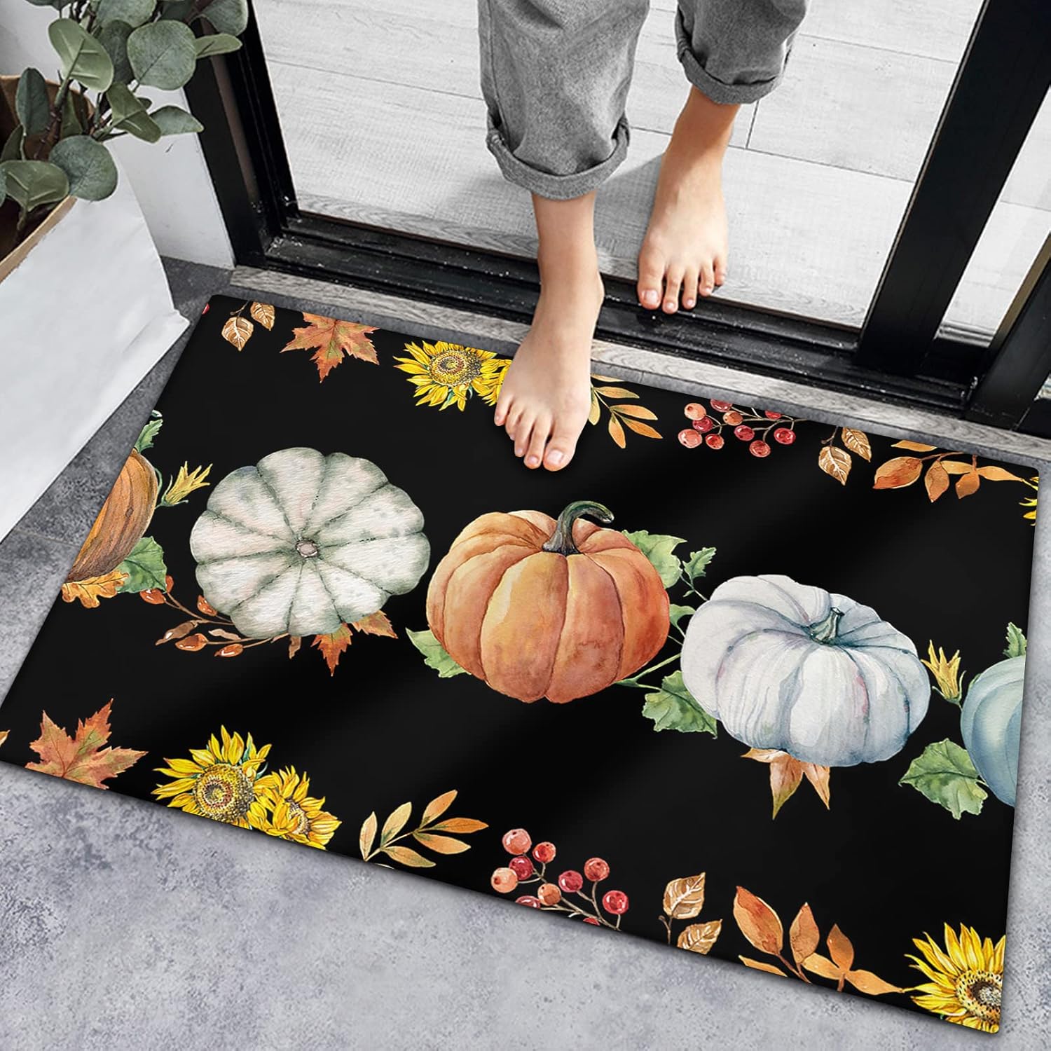 Bath Rugs Entrance Non Slip Front Door Mat Thanksgiving Fall Pumpkin Farm Floral Kitchen Carpets Watercolor Maple Leaves Floor Mats for Bathroom