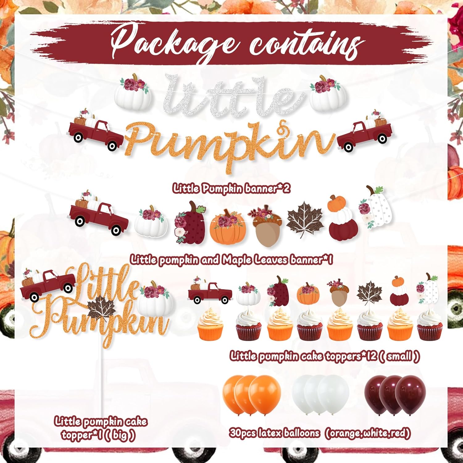 K KUMEED Decoraciones de fiesta de calabaza pequeña, pancarta de calabaza roja y blanca, hojas de otoño, calabaza, camión, decoración de pastel,