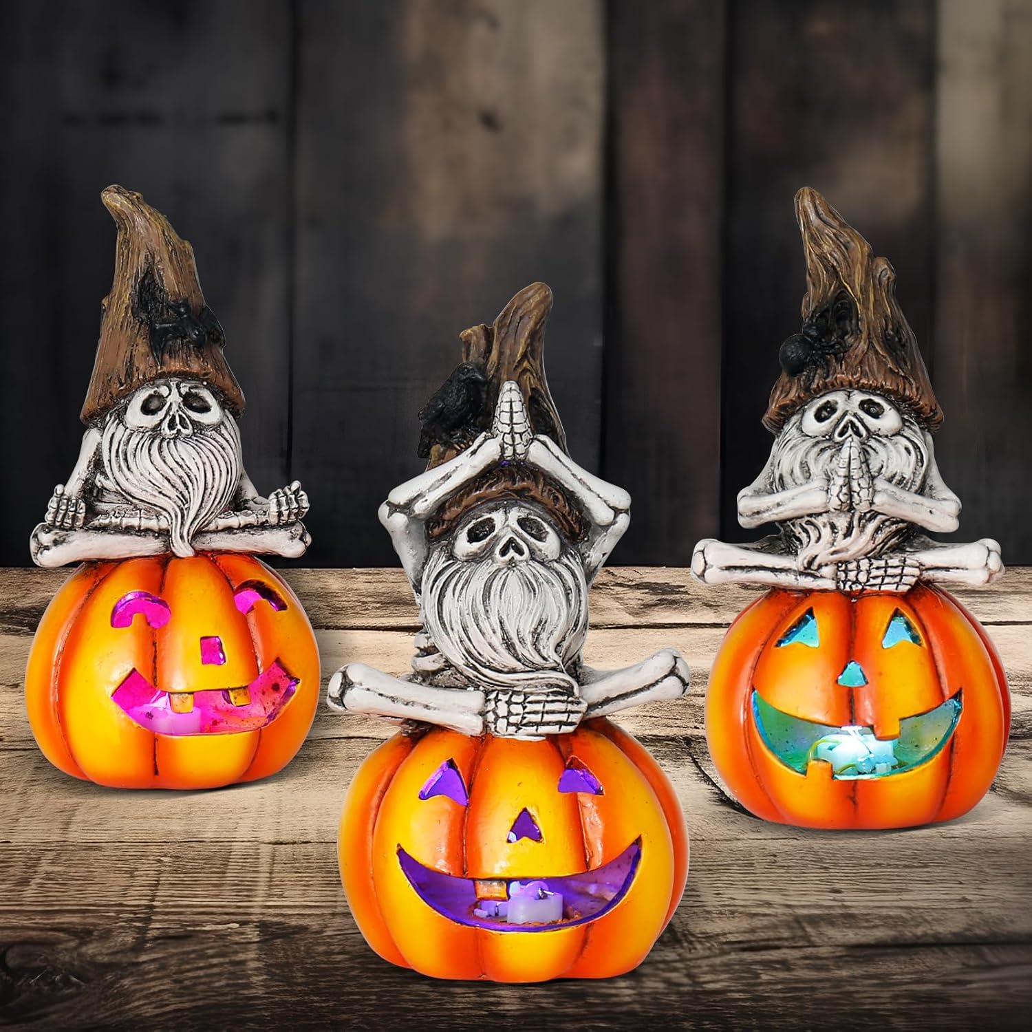 Adornos de esqueleto de luz de calabaza de Halloween, 3 juegos de luces decorativas de calabaza LED de Halloween
