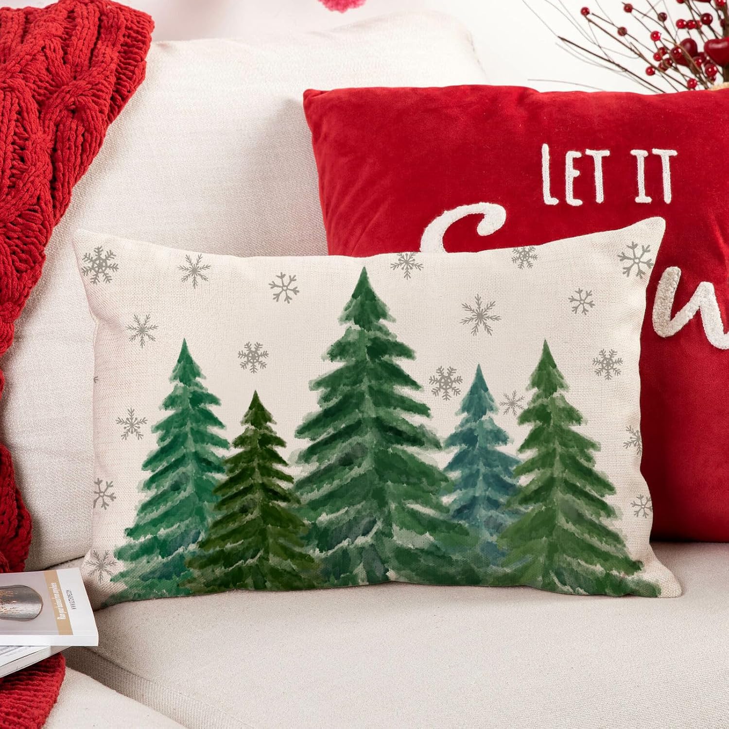 LOMCHEN Funda de almohada de árboles de Navidad verdes de 12 x 20 pulgadas para decoraciones de Navidad, funda de cojín verde de Navidad para sofá