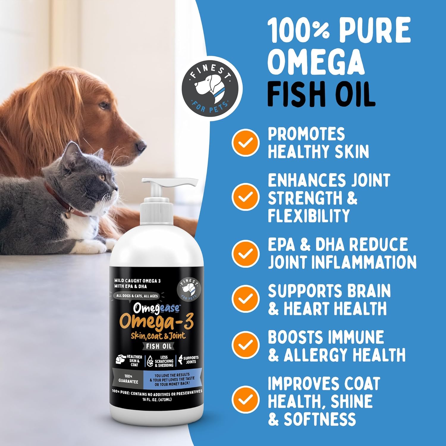 Aceite de pescado 100% puro, con omega 3, 6 y 9 para perros y gatos, 32 onza