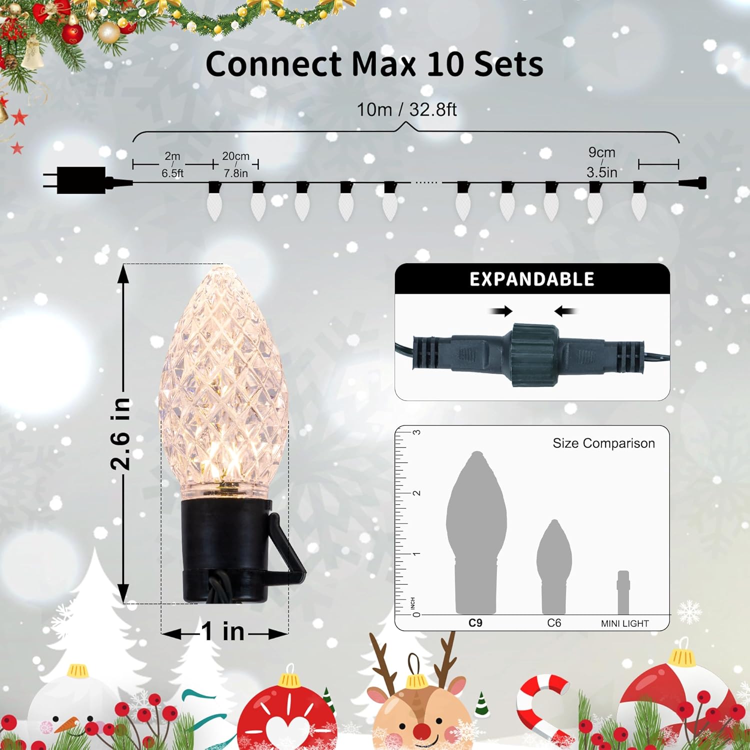 Pellimo C9 – Juego de 50 luces LED blancas de Navidad de 33 pies para interiores y exteriores, luces de Navidad para jardín, patio, fiesta,