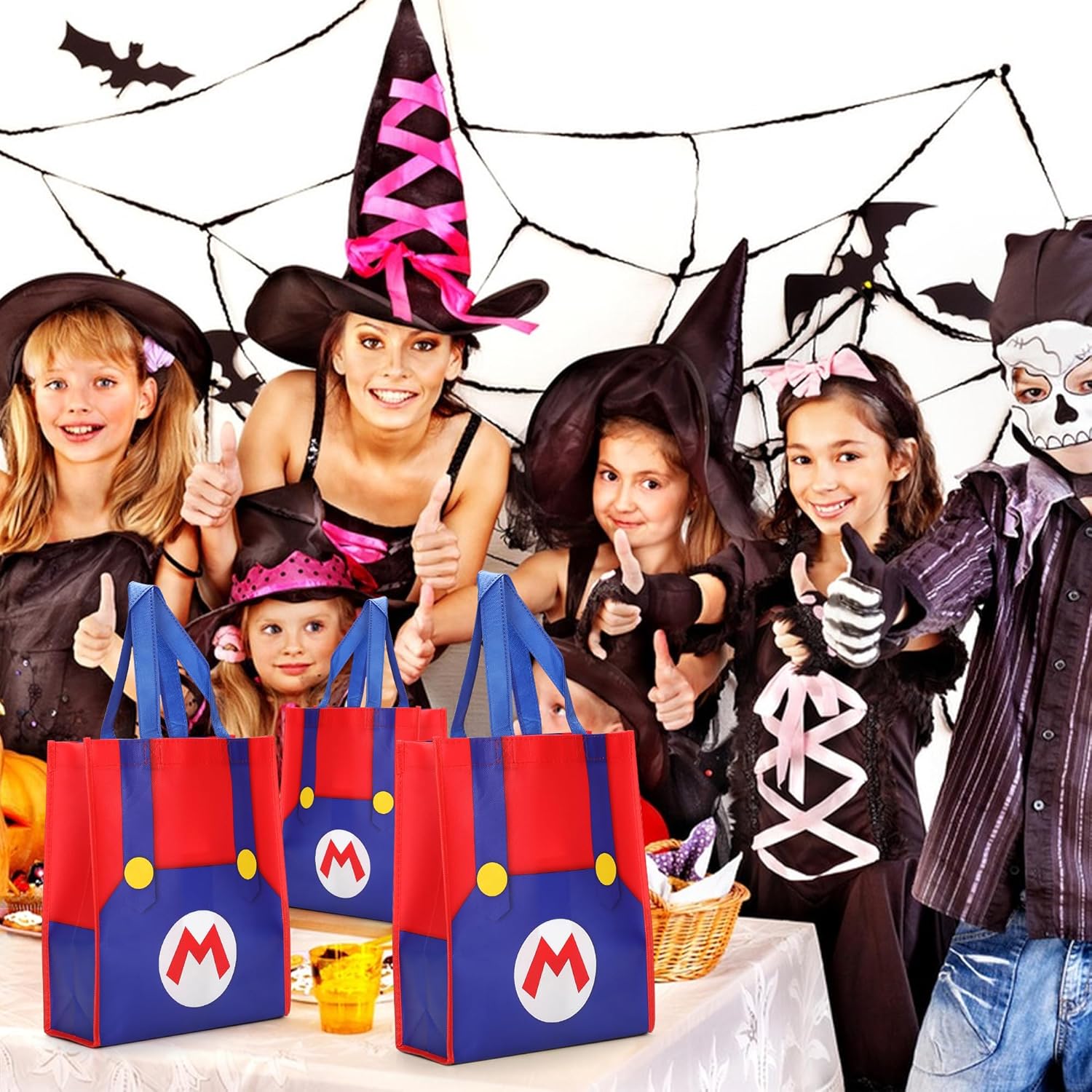 Bolsa de lona con patrón de dibujos animados, bolsa de compras reutilizable respetuosa con el medio ambiente, adecuada para fiestas de cumpleaños,
