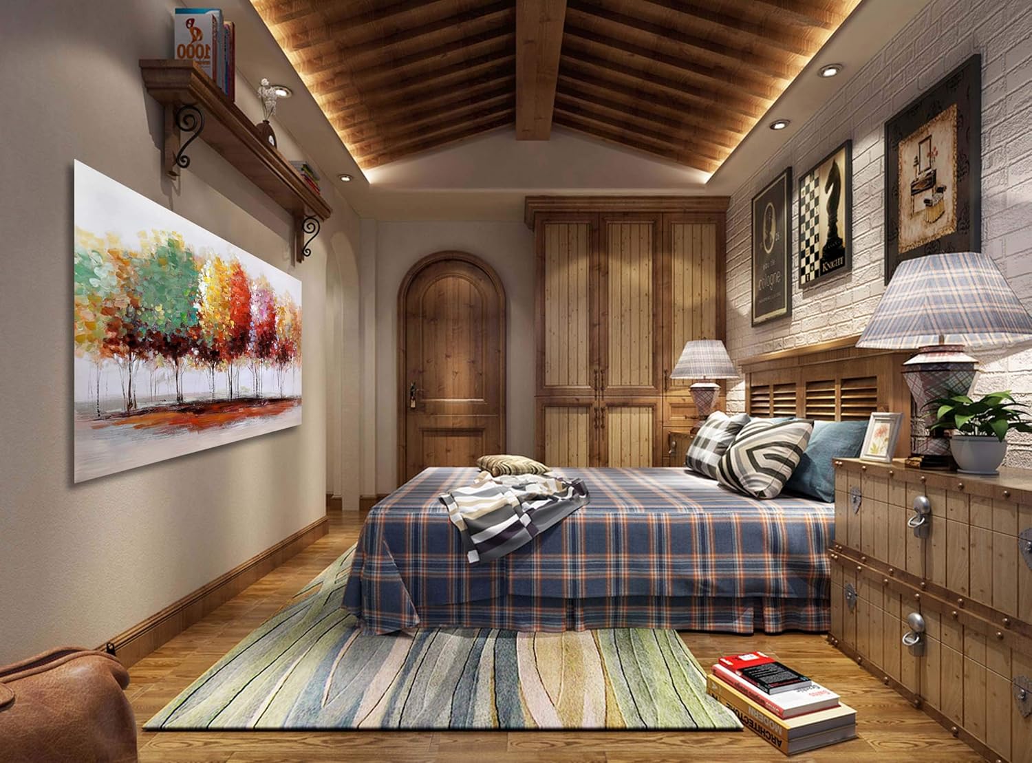 Fox Art – Pintura abstracta en lienzo, diseño geométrico, color azul índigo con lamina metálica de oro para sala de estar, dormitorio, estirada y
