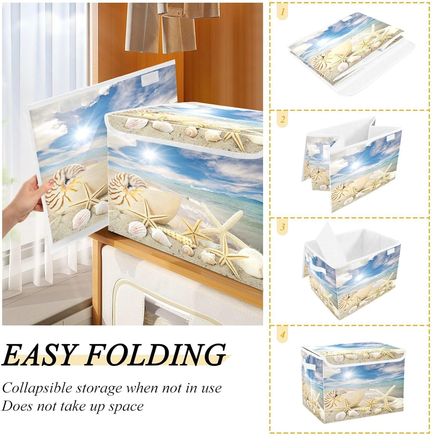 DIGTIA Contenedores de almacenamiento de concha de mar con tapas grandes y plegables con asas, maravillosa caja de almacenamiento plegable de tela