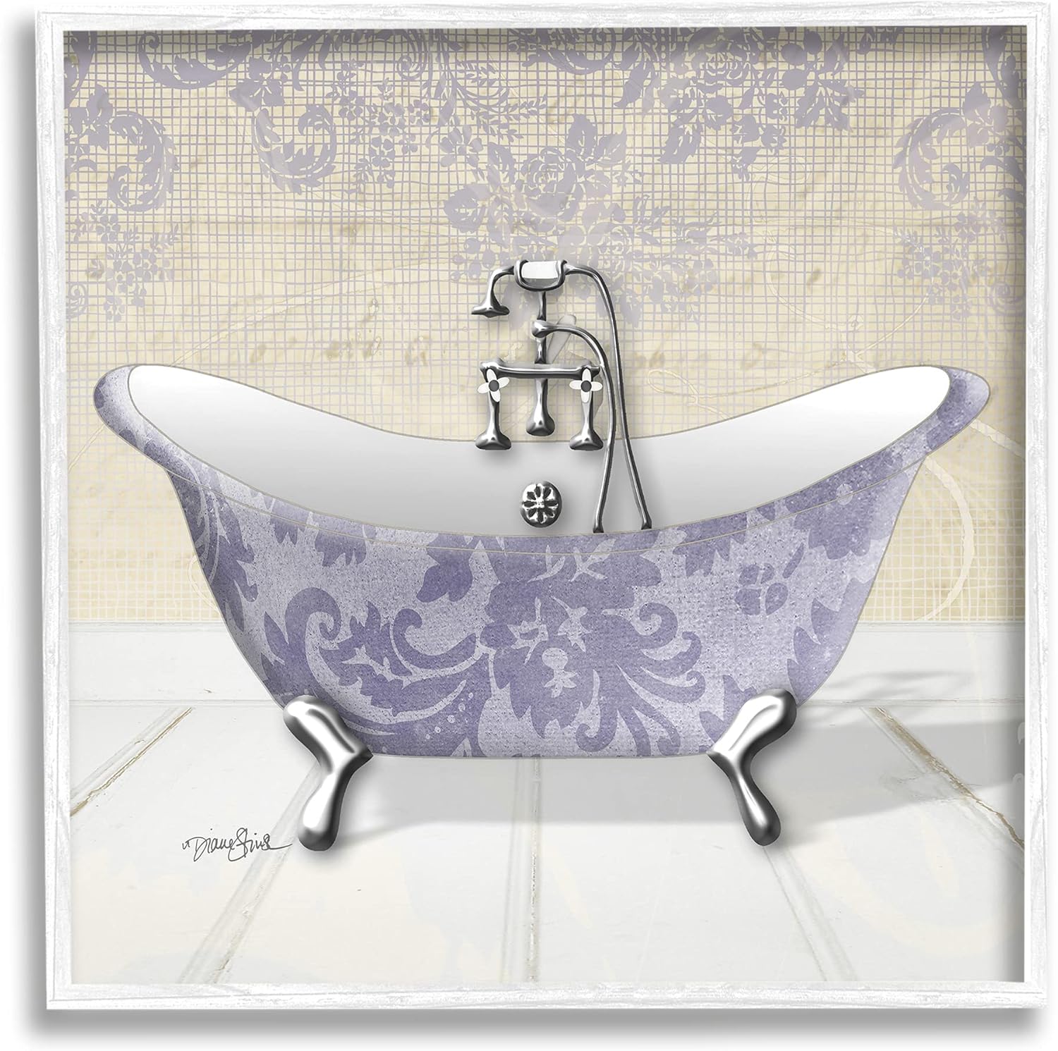 Stupell Industries Diane Stimson – Arte de pared con marco blanco para bañera, diseño de damasco morado, 12 x 12 pulgadas