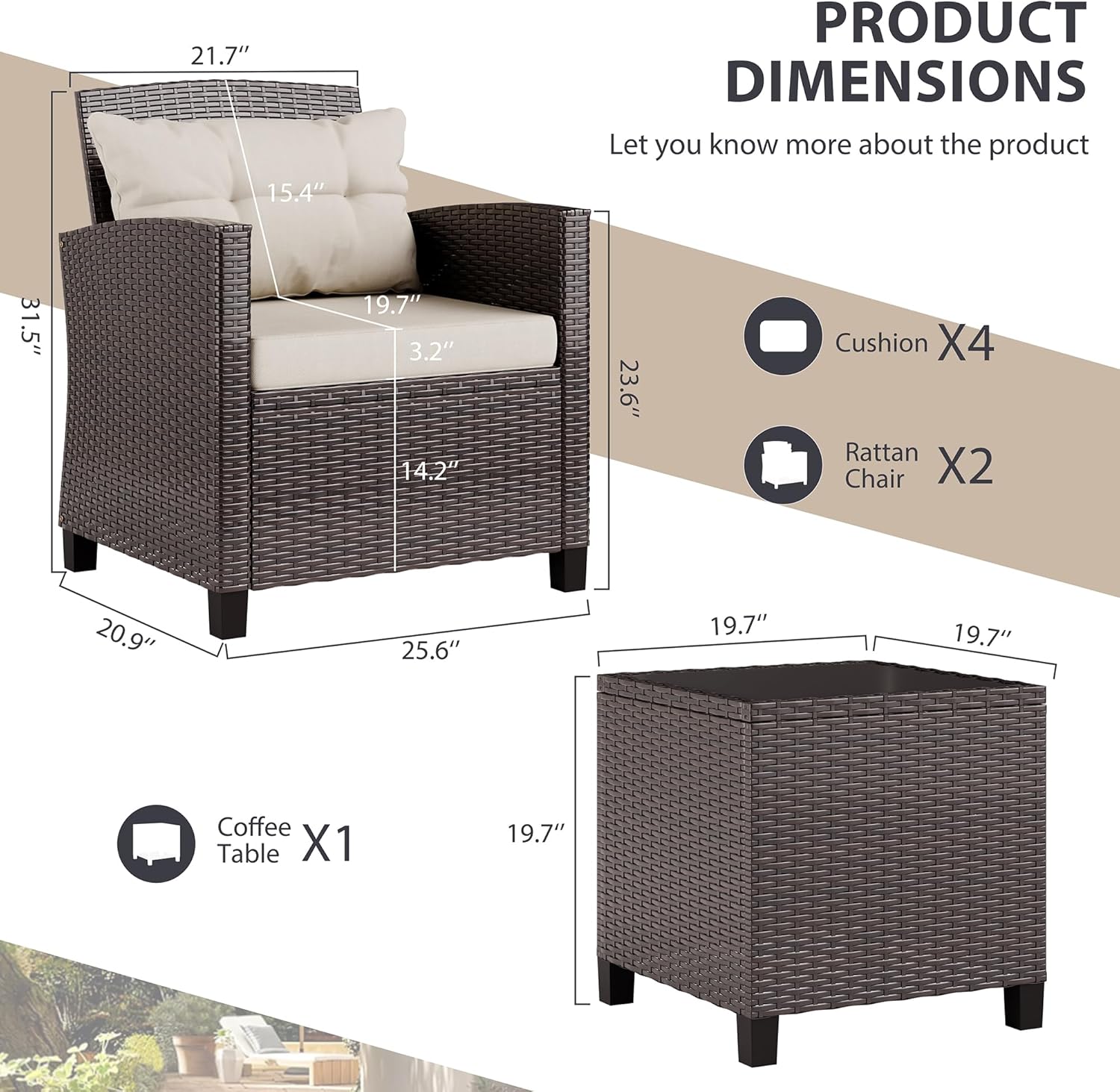 Vongrasig Juego de muebles de patio de 3 piezas pequeños de mimbre para exteriores, porche, bistró, juego de sillas de patio acolchadas con mesa de