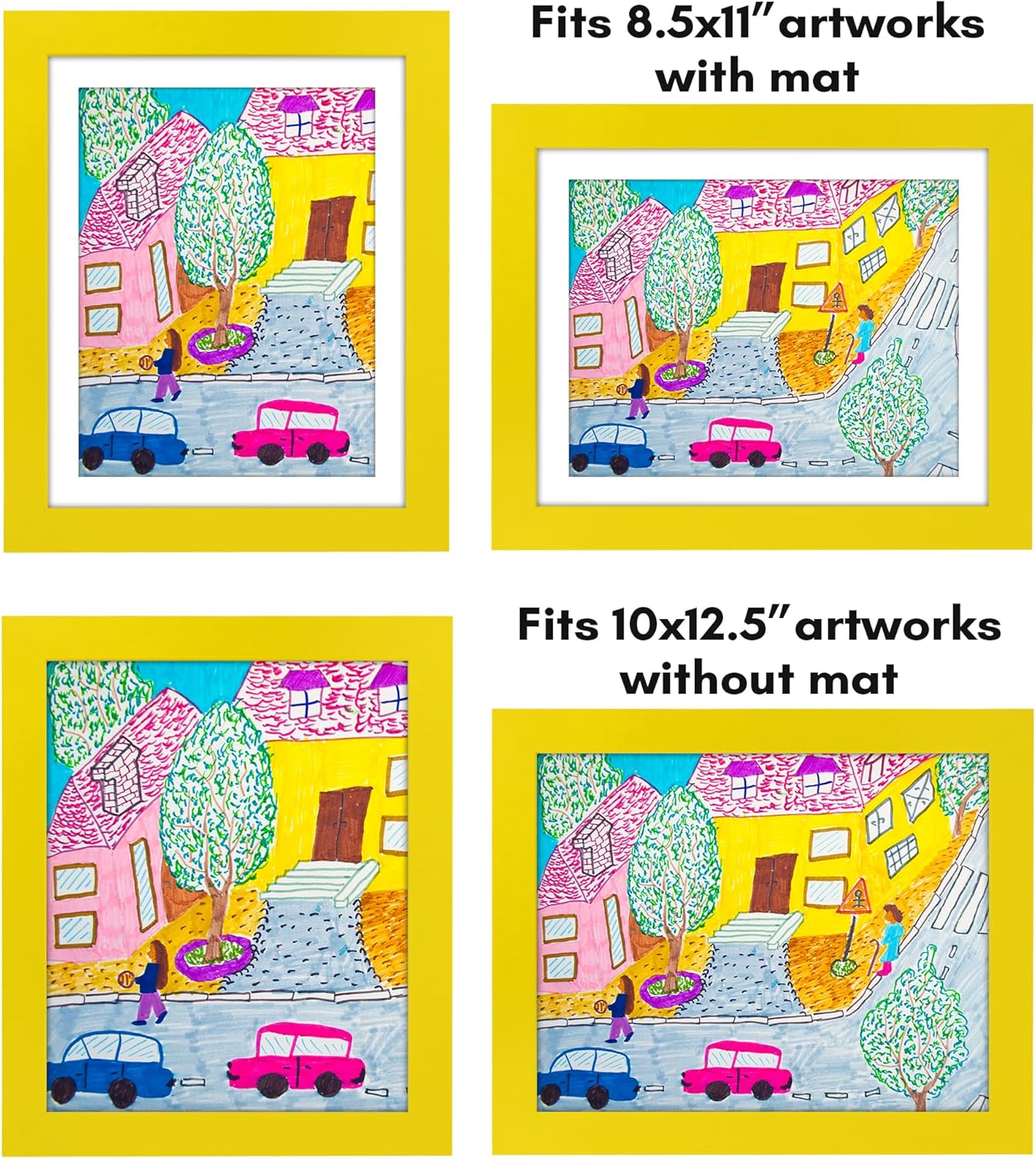 Americanflat Marco para obras de arte infantiles, carga frontal, amarillo sol, 8.5 x 11 pulgadas con paspartú o 10 x 12.5 sin él, formato de