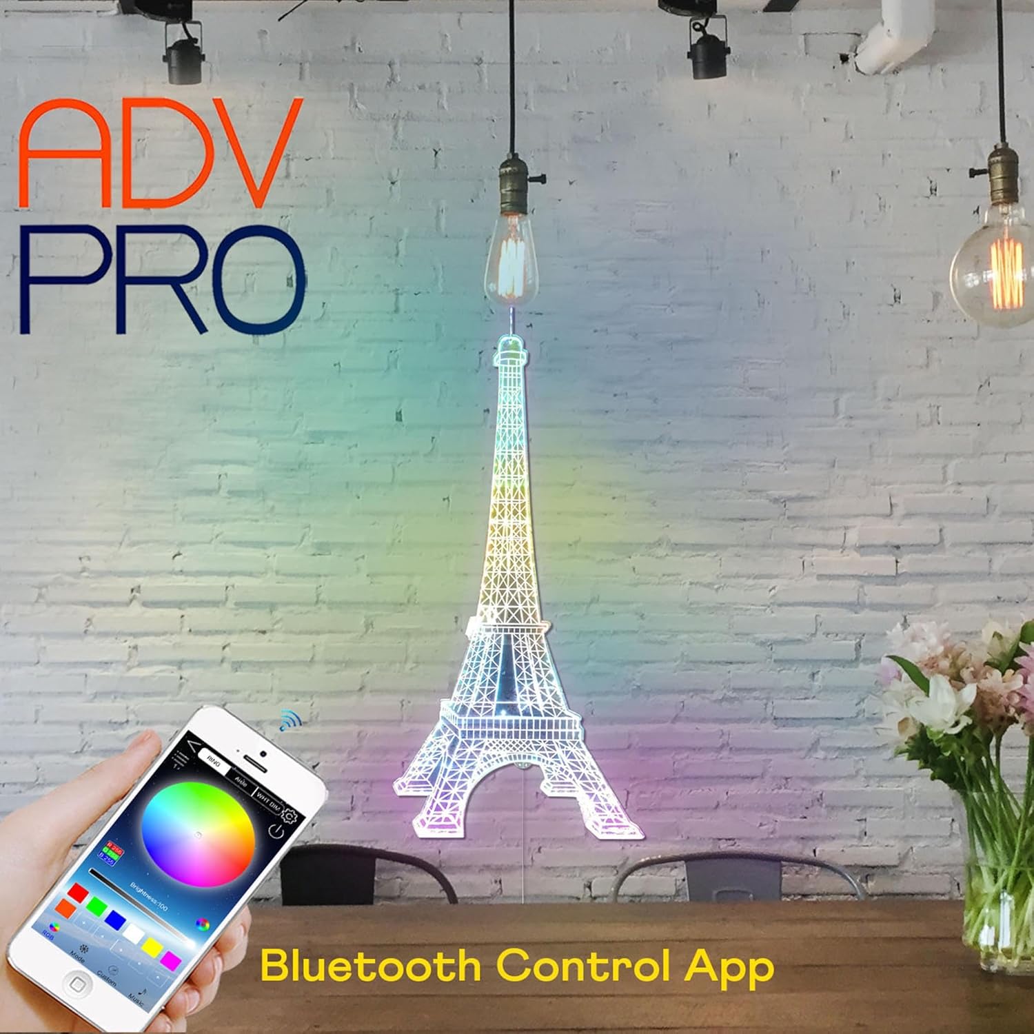 ADVPRO Letrero LED de glamour dinámico RGB de la Torre Eiffel de París, forma de corte a borde, decoración de pared 3D inteligente, iluminación