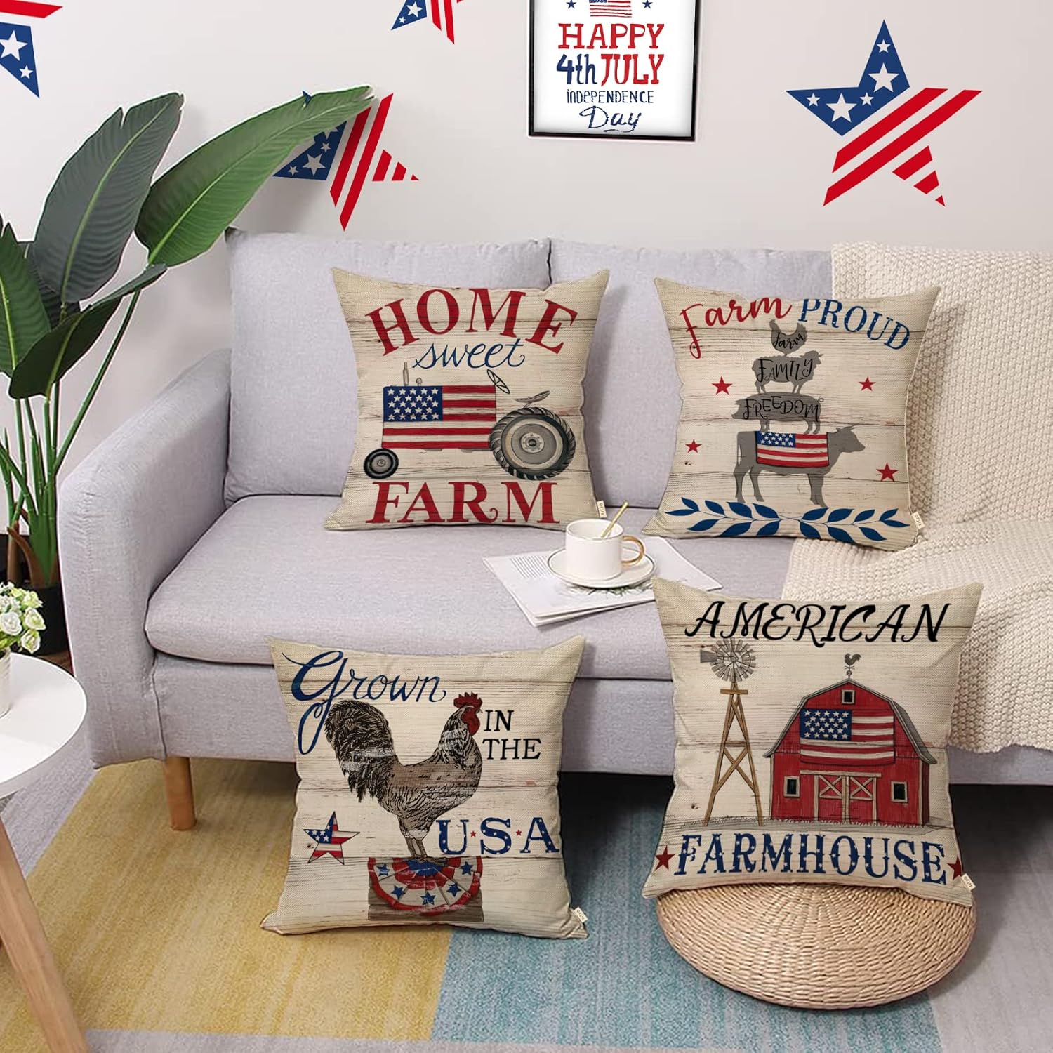 Juego de 4 fundas de almohada decorativas con bandera estadounidense del 4 de julio, 18 x 18 pulgadas, diseño patriótico de Estados Unidos, granja